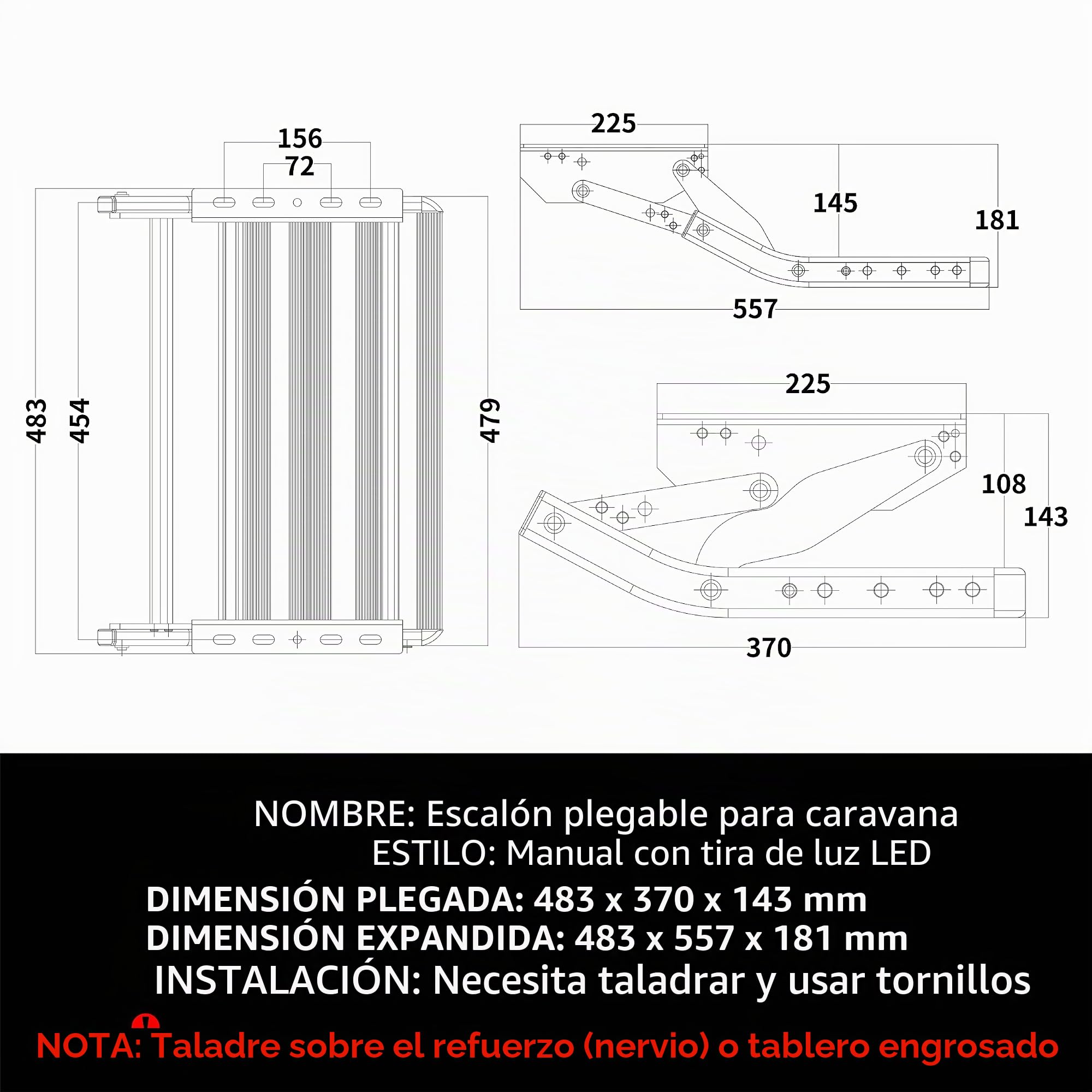 Pedal de Autocaravana Manual Plegable único Pasos con luz LED, Escalera, Pedal telescópico Antideslizante, para Autocaravana, Caravana