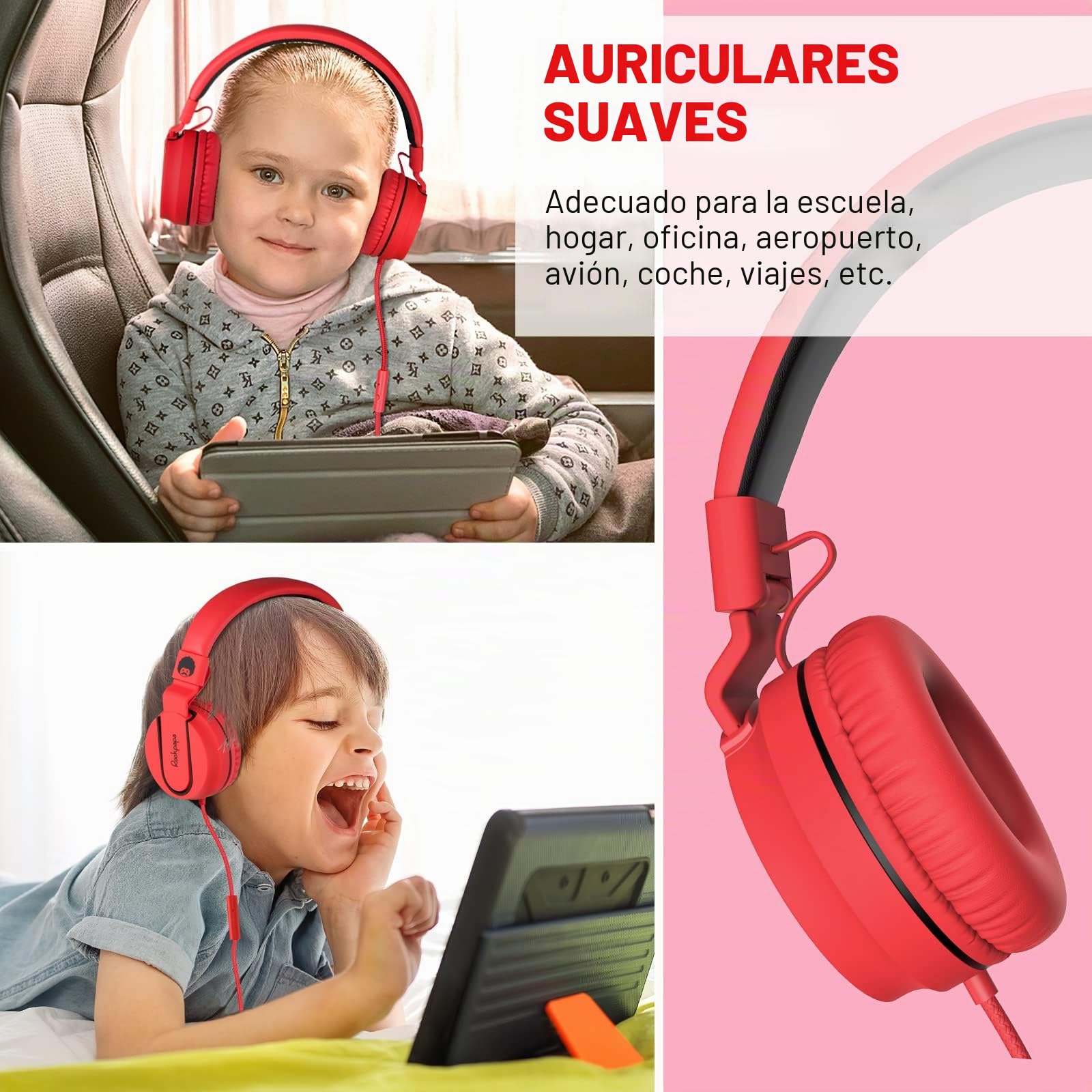 RockPapa Auriculares On-Ear, Auriculares con Cable y Microfono, Ligeros, Cómodos y Plegables Audifonos para Niños Estudiantes Adolescentes, para PC/Mac/portátil/teléfono/DVD-Negro Rojo