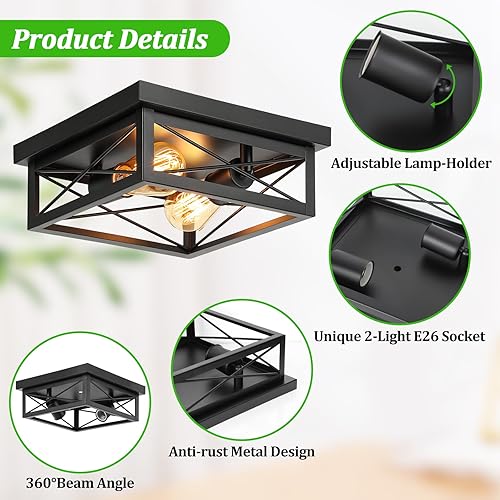 Miniatura 3 de Kondras Lámpara de techo cuadrada industrial de 2 luces, lámpara de techo de granja para cocina, moderna lámpara de techo negra para pasillo,