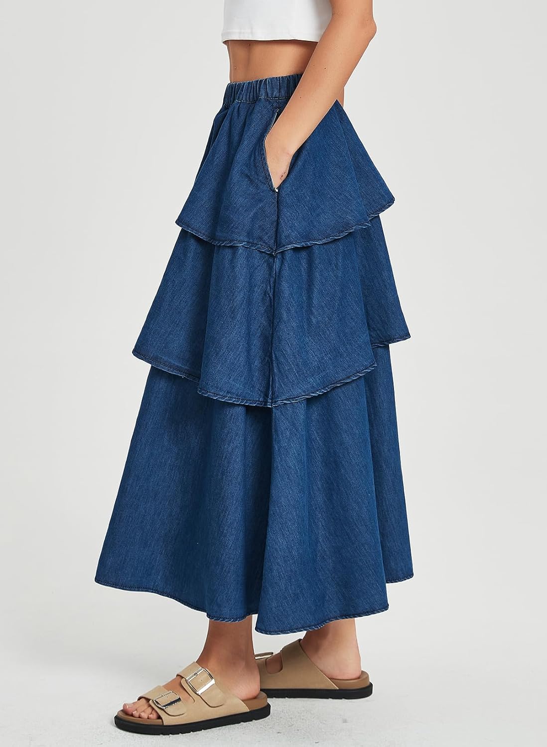 Ladyful Women's Long Denim Skirt Tiered A-Line Elastic High Waist Swing Jean Skirts Asymmetric Hem with Pockets