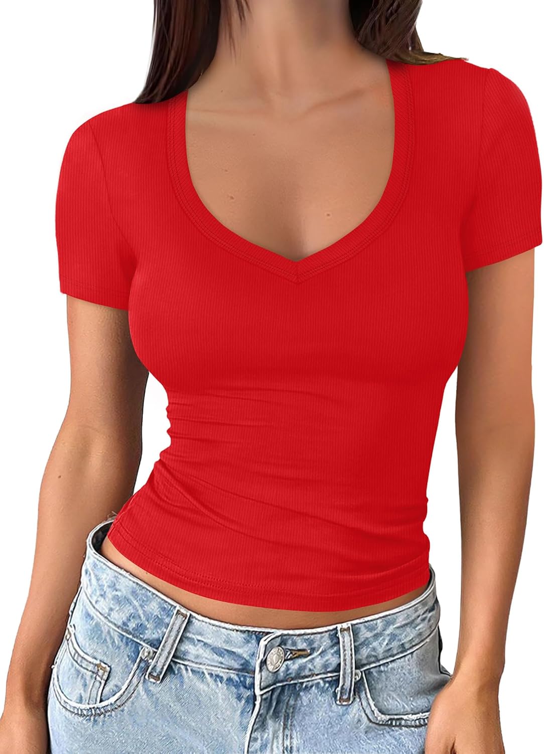 Sampeel Short Sleeve Shirts for Women V Neck Summer Ribbed Tshirts 2026 Slim Fit Spring Fashion Going Out Basic Tees - Image 2