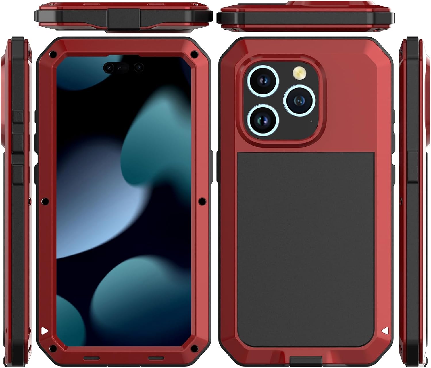 Compatiable with iPhone 15 Pro Max Case,360 Full Body Protective Cover Heavy Duty Shockproof Tough Armour Aluminum Alloy Metal Case with Silicone Built-in Screen Protector - Red