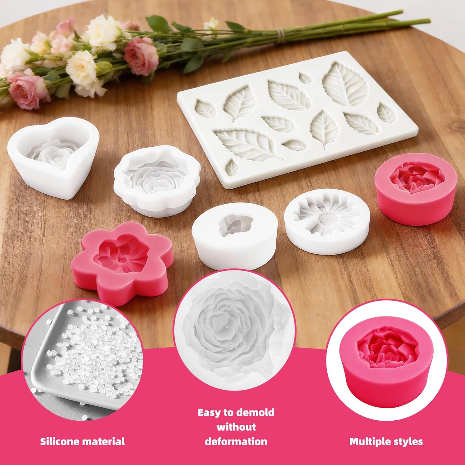 7 Pcs Flower Silicone Mold Set, 3D Bloom Rose Peony Fondant