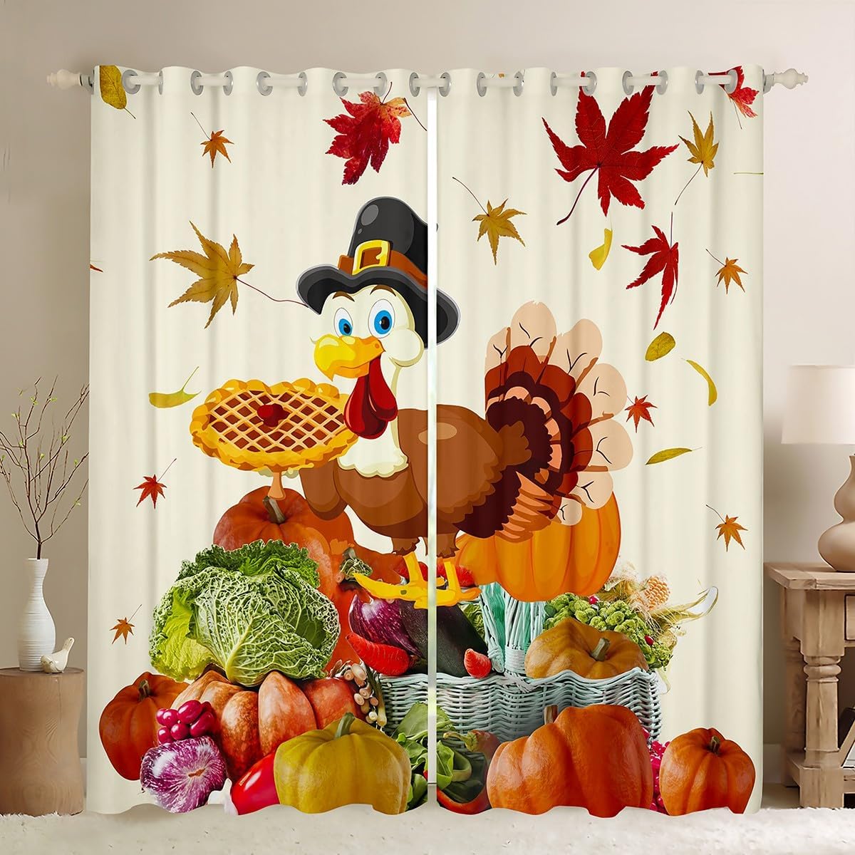 Fall Pumpkin Curtains for Bedroom Living Room Kids Cartoon Turkey Farmhouse Blackout Curtains Thanksgiving Theme Darkening Dreapes Pie Maple Leaves Window Treatments 2 Panels, 38 x 45 Inch