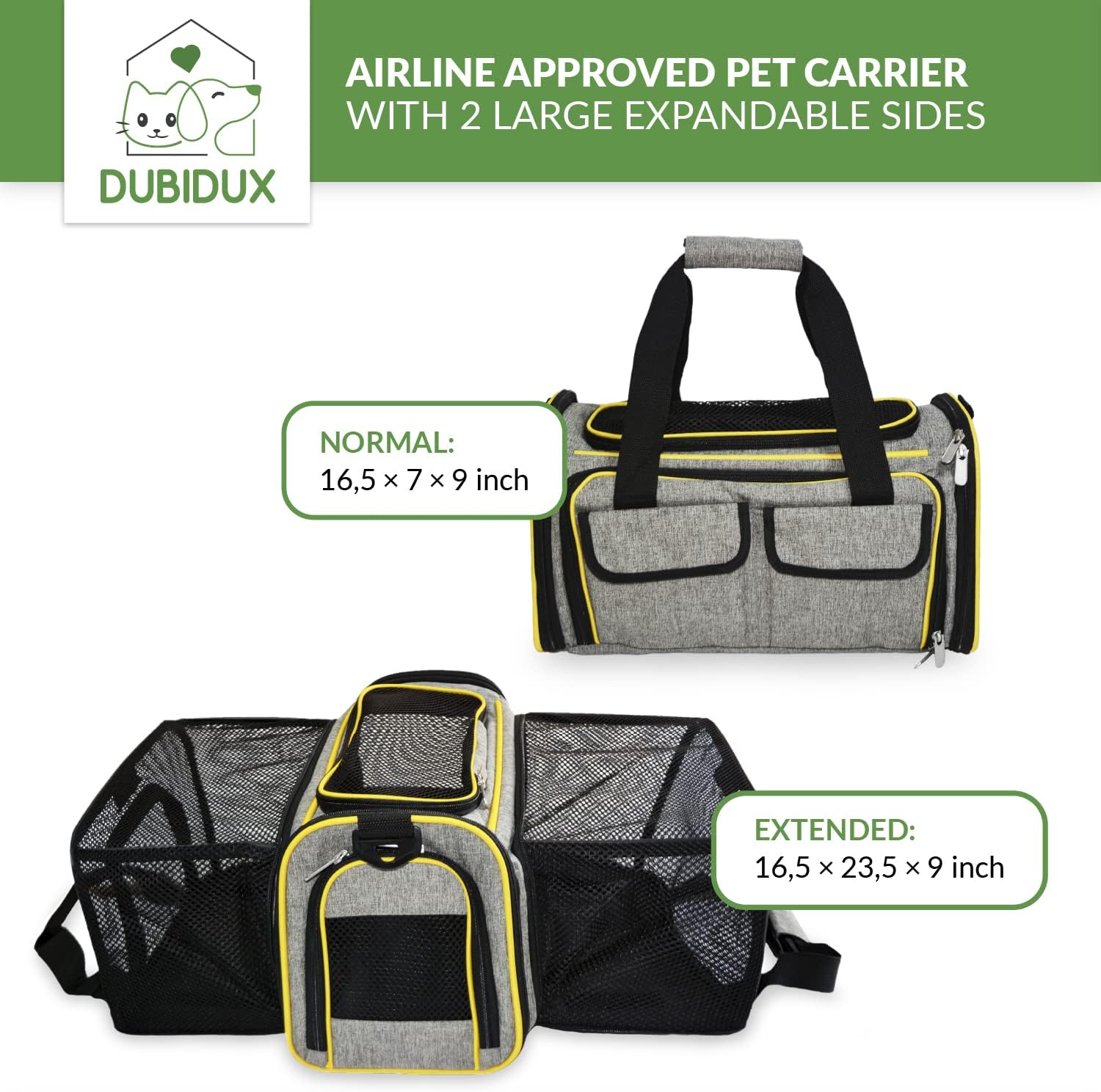 DUBIDUX Dog Carrier Airline Approved (16.5 x 7 x 9) 2 Sides Expandable Pet Carrier - Soft-Sided Dog Travel Bag with Fleece Pad & Foldable Water Bowl : Pet Supplies