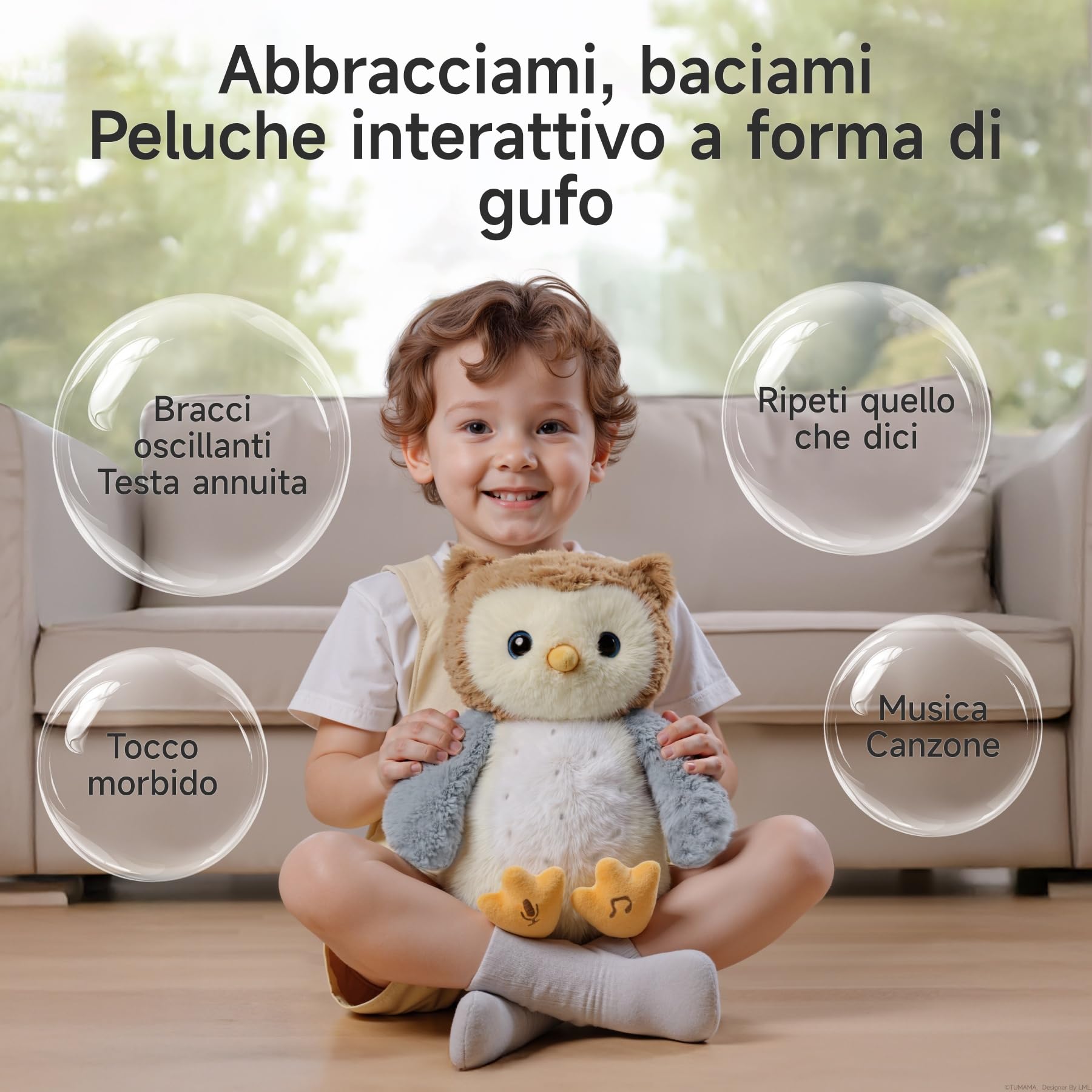 Peluche Gufo Interattivo, Gufo Peluche che Canta, Ripete, Giocattolo Educativo Elettronico, Regalo per Bambini e Neonati