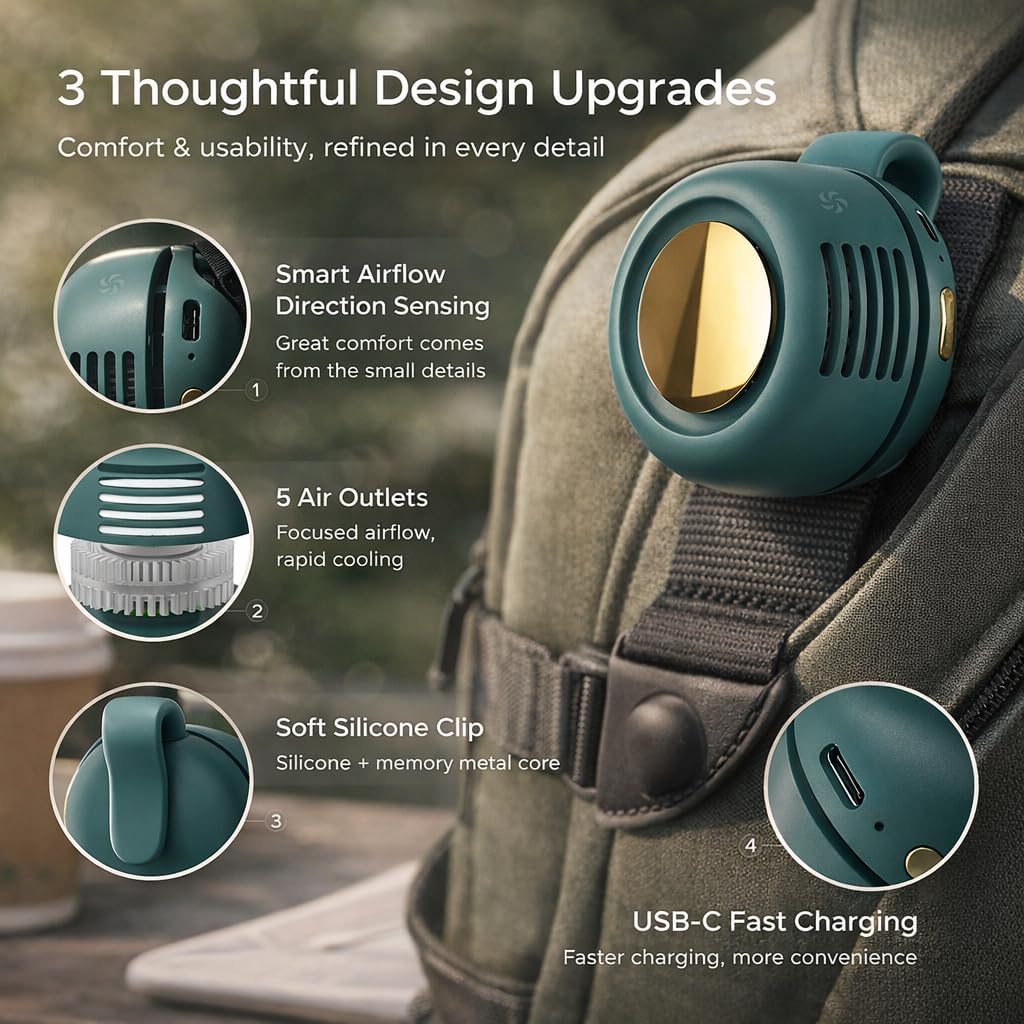 1666 Portable Clip On Mini Fan for Shirt & Waist, Wearable Bladeless Personal Fan, USB C Rechargeable, 3 Speed Quiet Small Travel Fan for Outdoor Office Concert