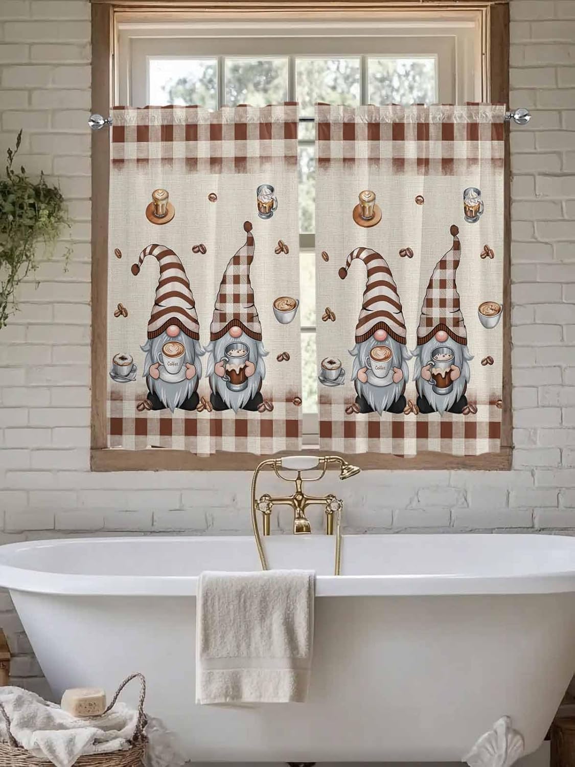 Gnomes Coffee Kitchen Curtain 2 Panels Curtains 45 Inch Length, Vintage Brown Buffalo Plaid Stripes Curtains Rod Pocket Curtains Window Drapes Treatment Window Cafe Curtains 84x45