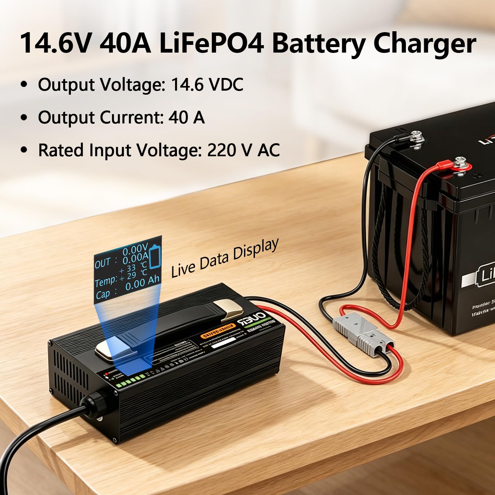 LiFePO4 ładowarka 14,6 V 40 A do baterii 4S 12 V LiFePO4, AC DC, Smart 4-stopniowe ładowanie z wentylatorem chłodzącym, wyświetlaczem LED i 2 wtyczkami, do akumulatorów Deep Cycle do łodzi, RV i