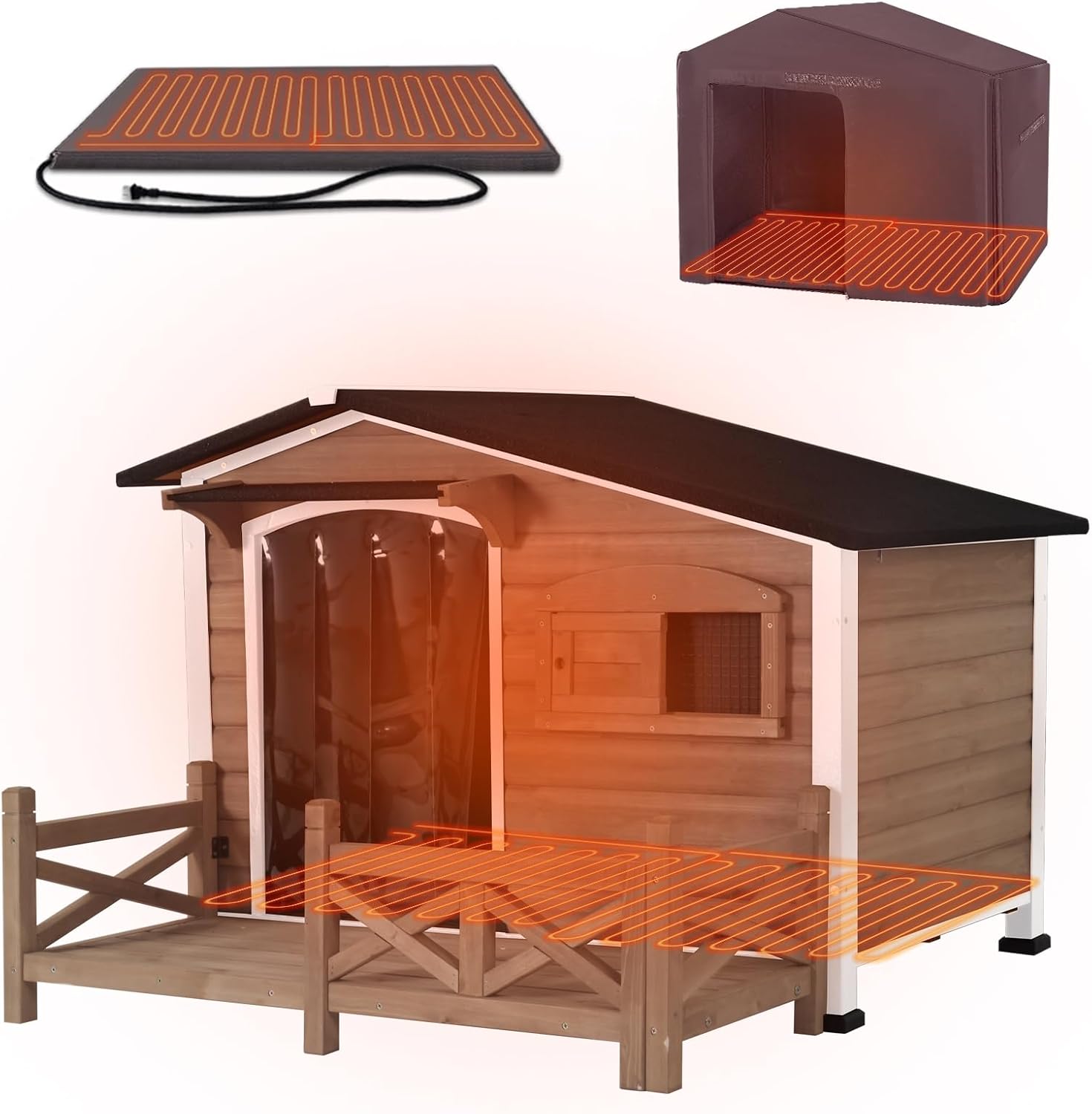 GUTINNEEN 59" Extra Large Heated Outdoor Dog House for Large Dogs Insulated, Thermostat-Controlled Heating with Full 6-Sided Insulation, Metal Frame, Spacious, Cozy, and Safe Winter Shelter (Brown)