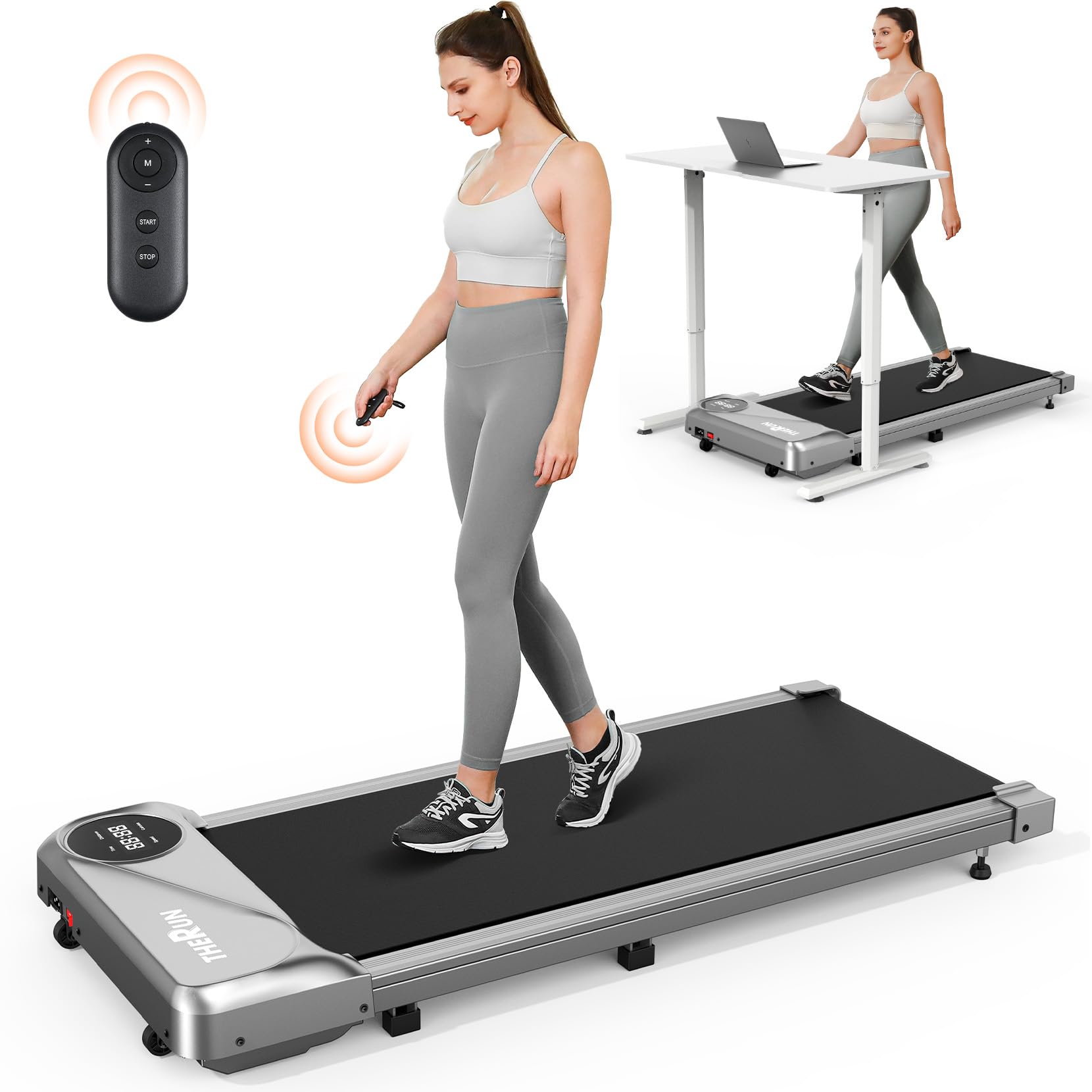 THERUN Walking Pad Treadmill Under Desk, Portable Mini Treadmill for Home/Office, Walking Pad Treadmill 2.5HP, Walking Jogging Machine with 300 lbs Weight Capacity Remote Control LED Display