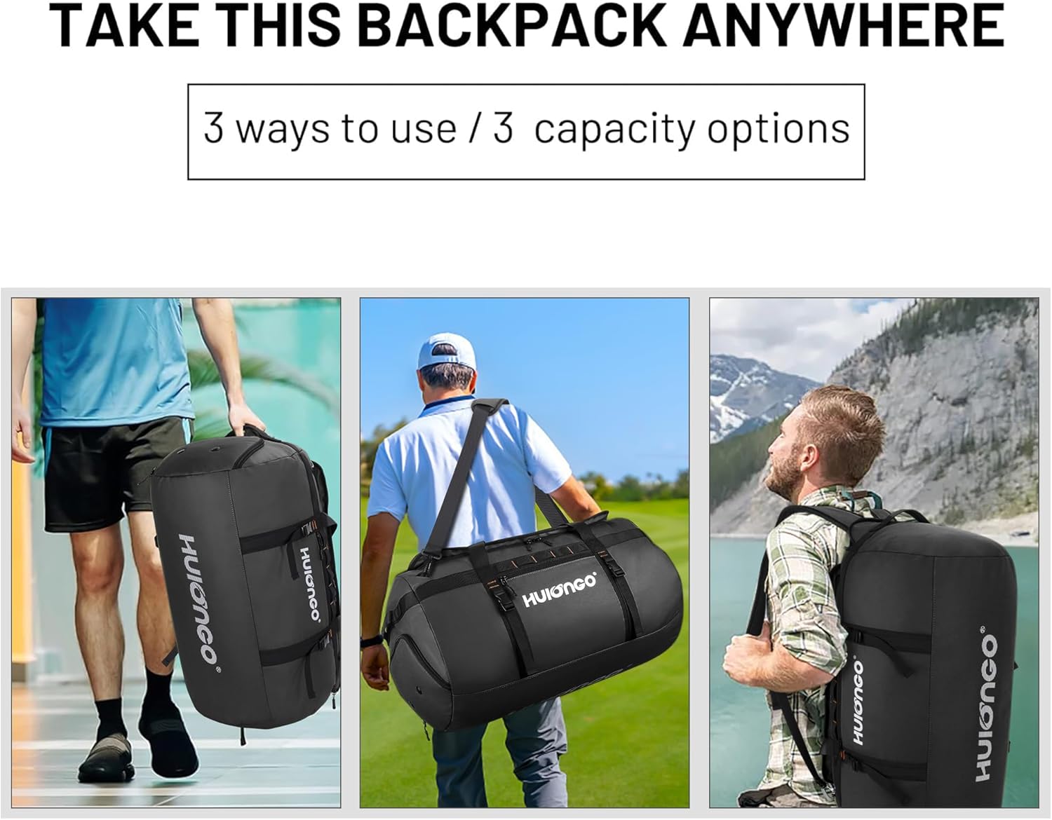 40L/60L/90L Large Waterproof Duffle Bag Backpack for Men, Mens Duffel Backpack Bags for Traveling, Heavy Duty (Black, 90l) - Image 5