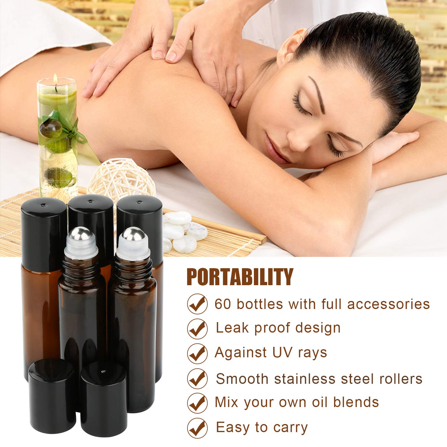 Glass Roller Bottles,Maredash 60 Pack 10mL Amber Essential Oils Bottles with Stainless Steel Roller Balls, 60 Labels, 4 Bottle Openers, 2 Funnels, 3 Droppers, 1 Brush, 5 Extra Roller Balls