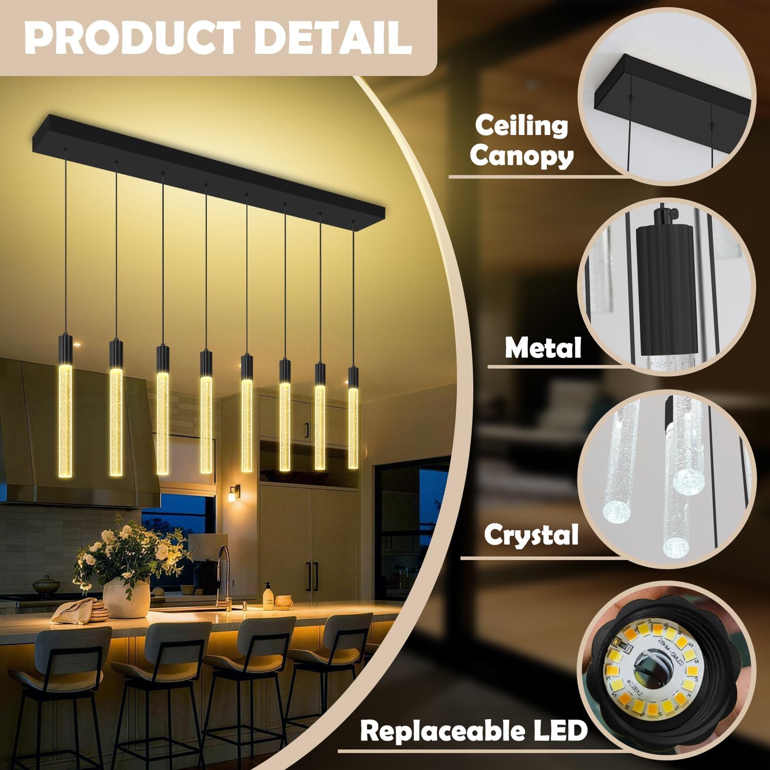 8-Light Black Rectangular Crystal Chandelier Modern LED Dimmable Crystal Column Pendant Lighting for High Ceiling Kitchen Island Entryway Living Room