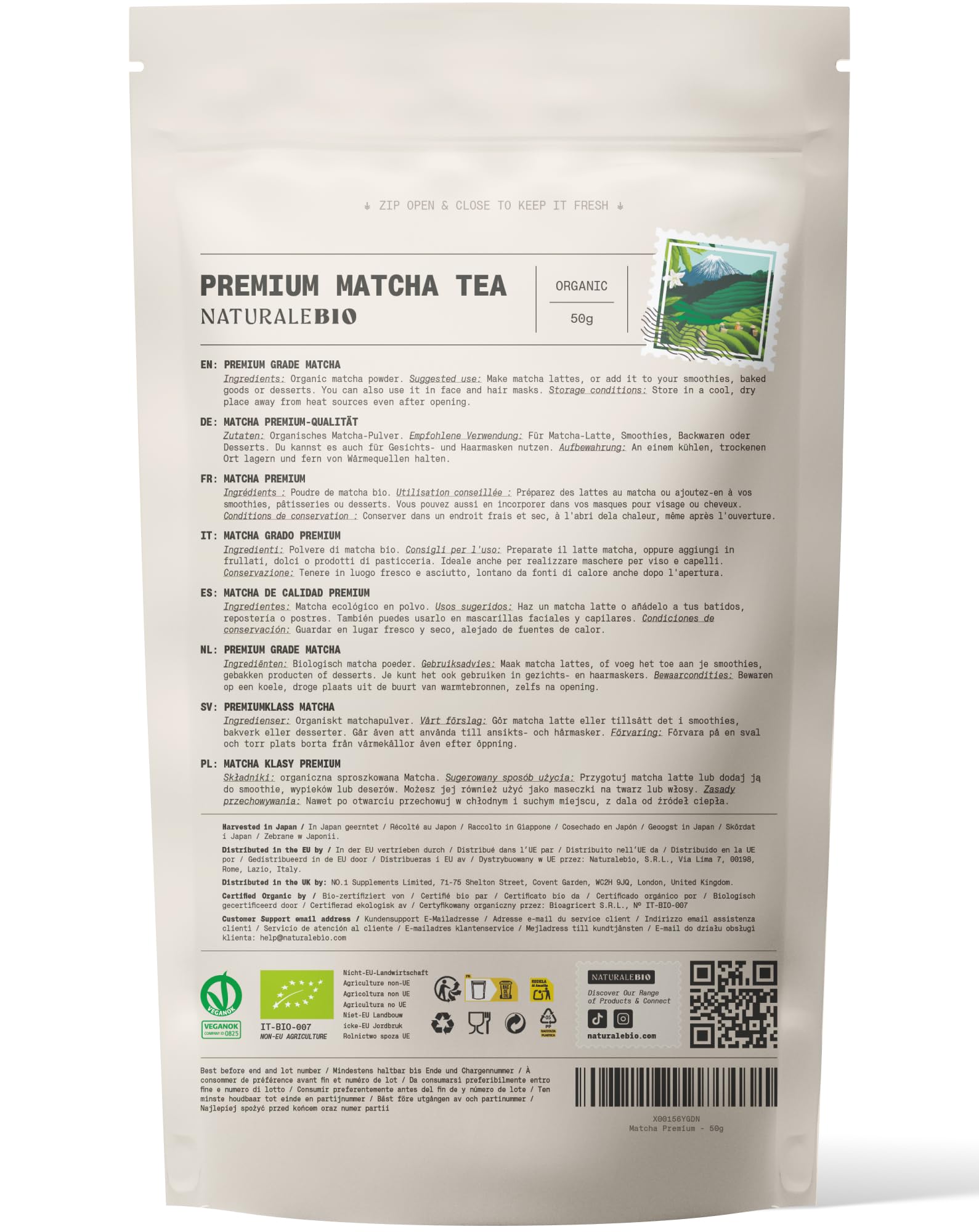 NaturaleBio Bio Japońska Premium Matcha w Proszku z L-Teaniną | 1 kg. Matcha premium z pierwszego i drugiego zbioru, z antyoksydantami, do matcha latte, smoothie i iced matcha.
