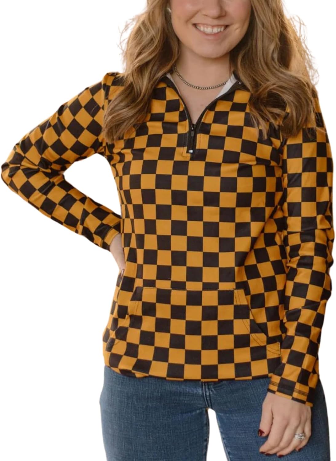 Womens Pep Rally Checkered Sweatshirts Game Day Spirit Shirt Quarter Zip Long Sleeves Pullover Tops with Pocket