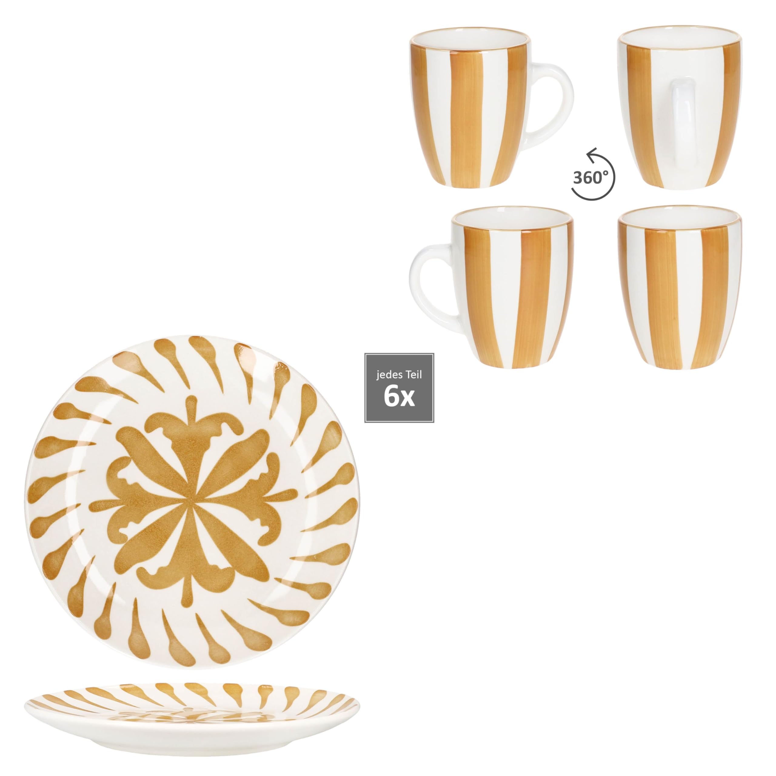 MamboCat Service de petit-déjeuner 12 pièces jaune sapin I 6 petites assiettes à petit-déjeuner et 6 tasses à café pour 6 personnes avec branches et rayures I Noël