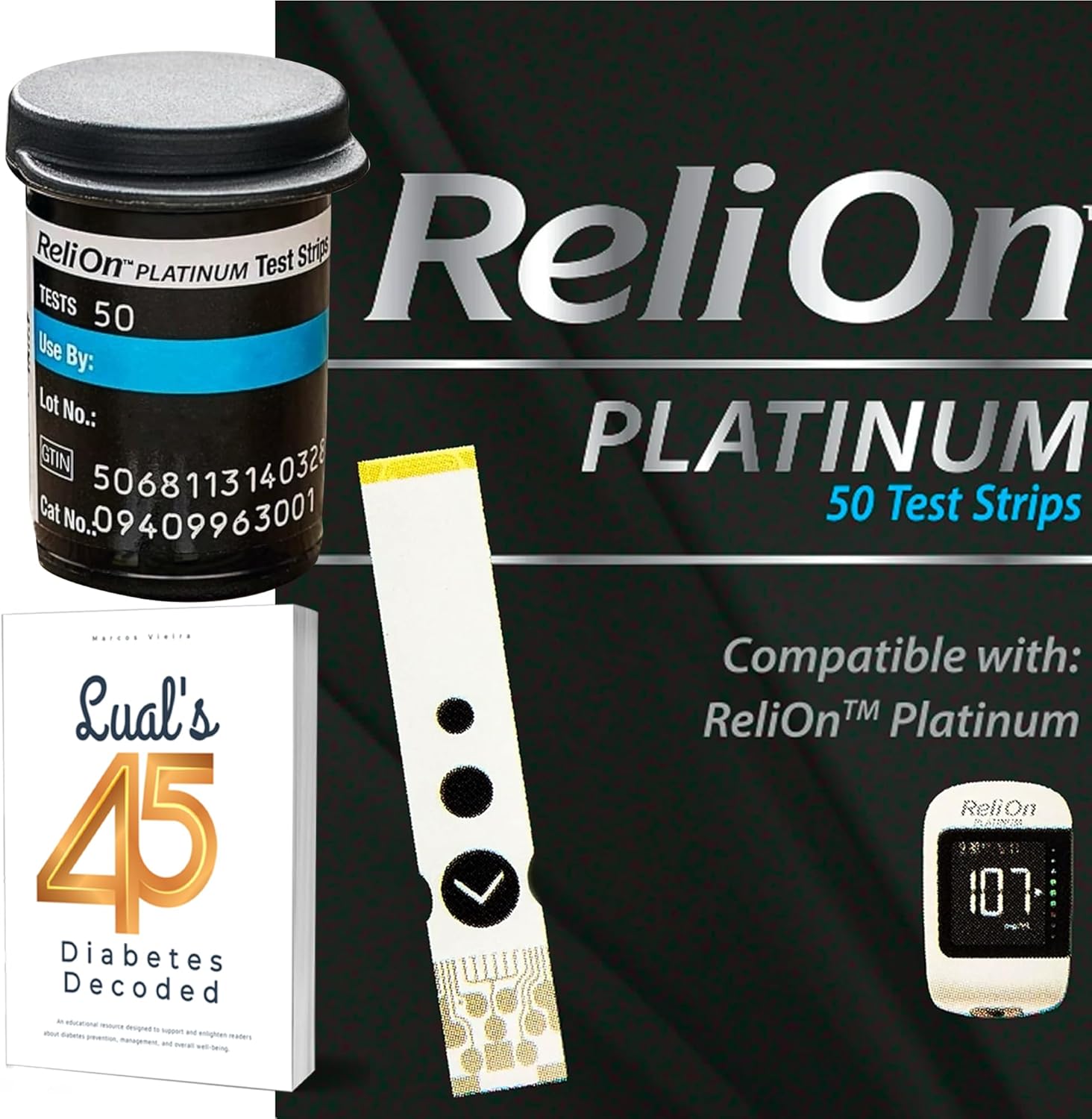 Platinum Test Strips 100 Count. Compatible with Platinum Meter, Testing Blood Glucose, Bundle with 45 Diabetes Decoded eBook Included (100 Count)