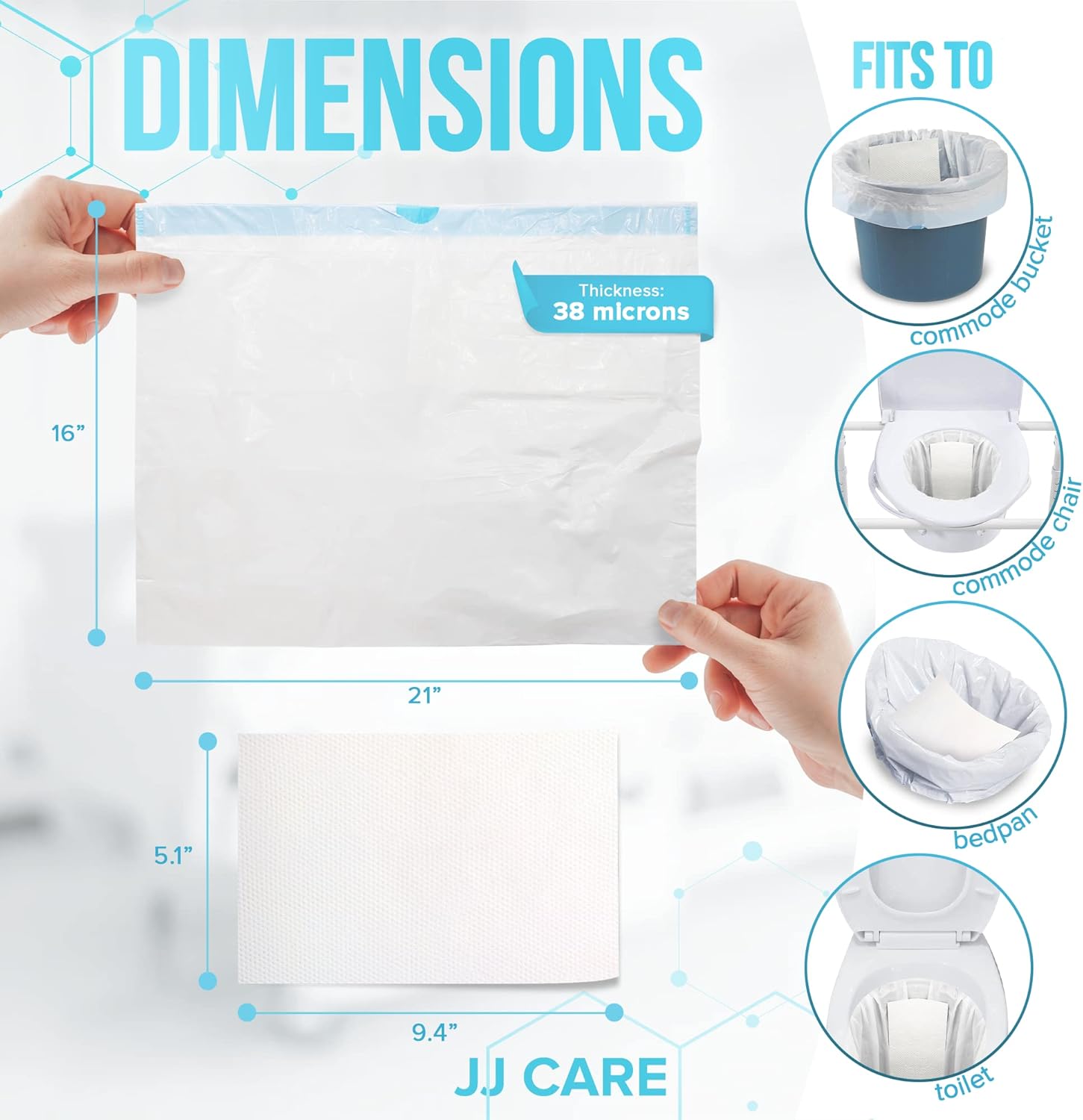 JJ CARE Bedside Commode Liners with Absorbent Pads - Pack of 60 Commode Poop Bags Liners 16"x21" Adults' Portable Bed Pan Toilet Chair, Disposable Toilet Bags for Bedside