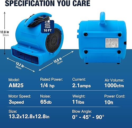Miniatura 3 de MOUNTO 14hp 1000CFM 2 velocidades de aire Mover alfombra secador ventilador ventilador de piso (azul)
