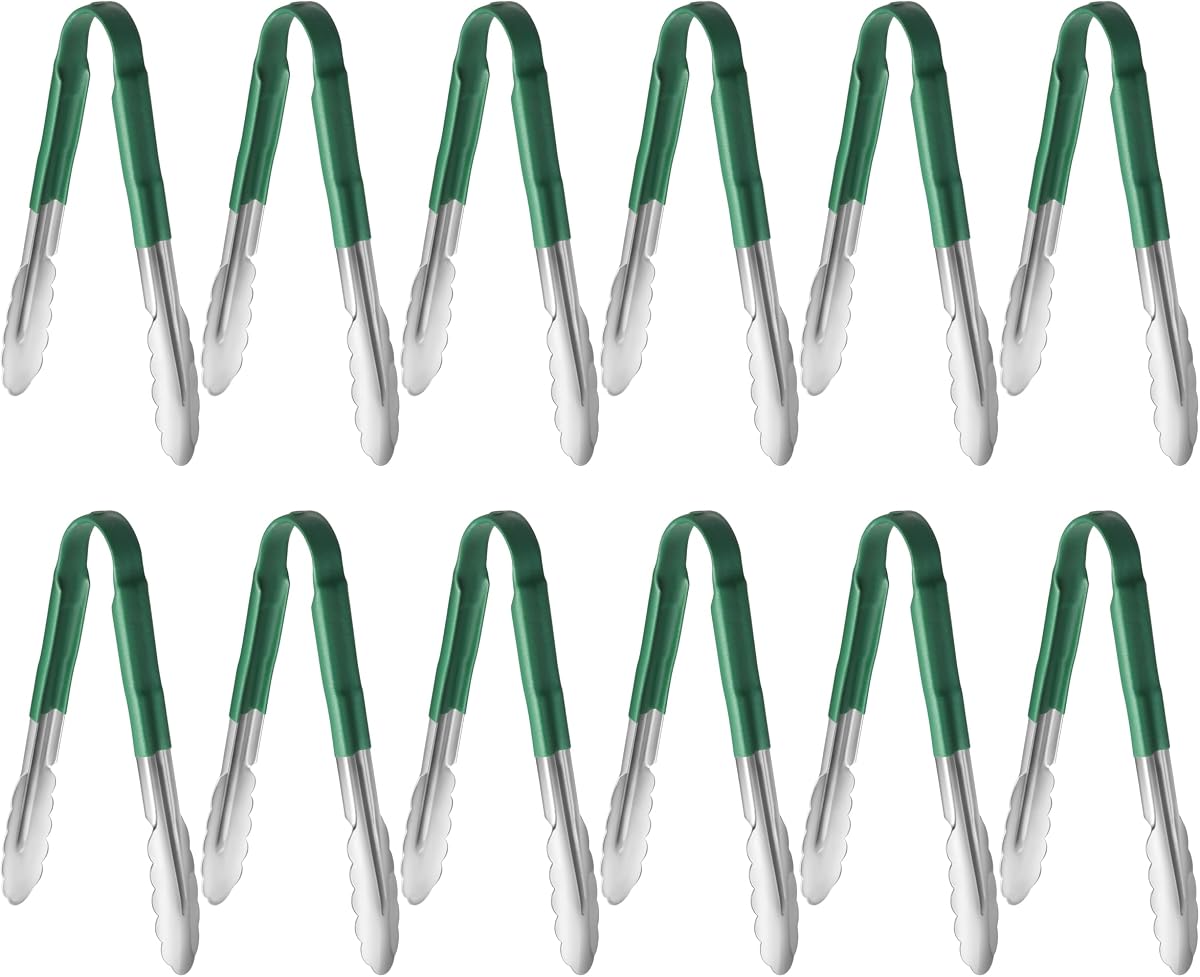 New Star Foodservice 9 Inch Utility Spring Tongs, Set of 12, Commercial Restaurant Grade Stainless Steel Tongs with Green Vinyl Coated Handles