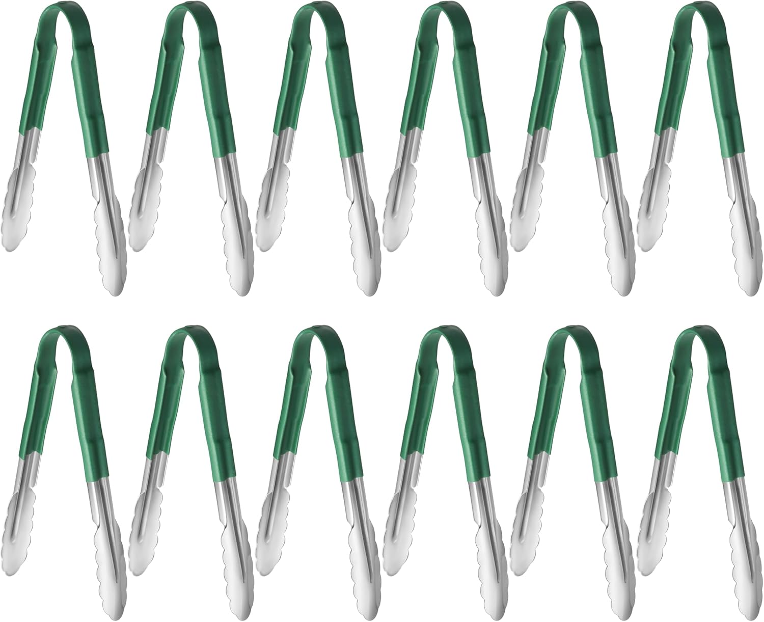 New Star Foodservice 9 Inch Utility Spring Tongs, Set of 12, Commercial Restaurant Grade Stainless Steel Tongs with Green Vinyl Coated Handles
