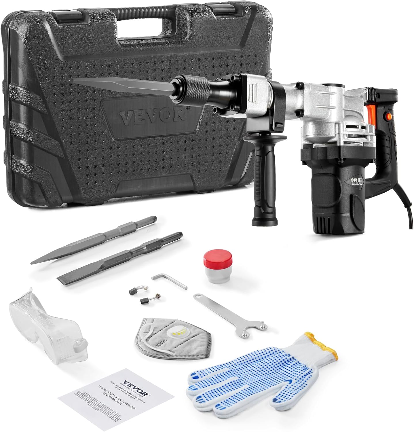 VEVOR Demolition Jack Hammer, 1400W Electric Jackhammer Heavy Duty, 2pcs Chisels Bits Chipping with Case, 2900 BPM Concrete Breaker, Gloves Black 1400W + 2 Chisel Bit Set + Black-1
