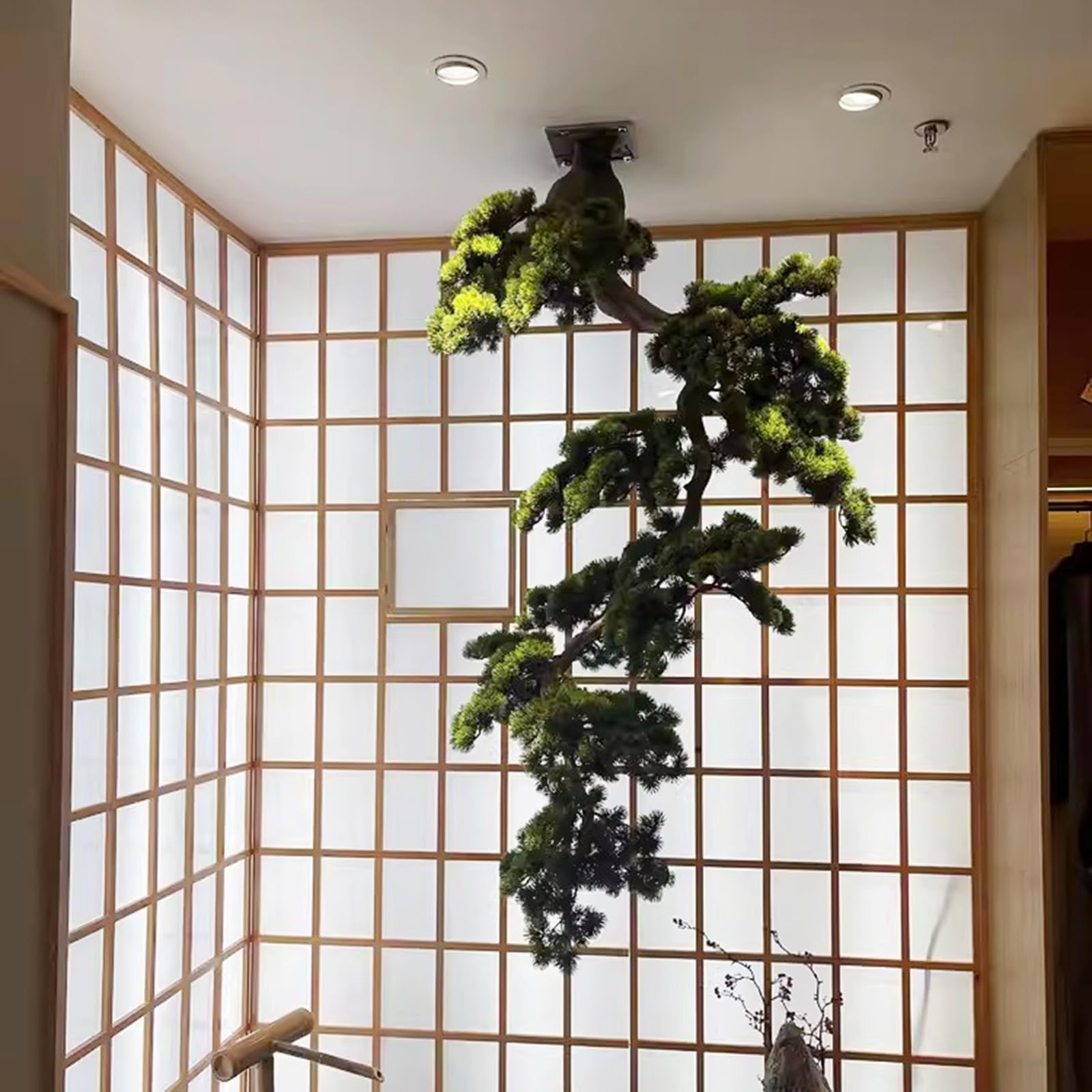 Bonsái Artificial simulado Pino Artificial invertido Planta Verde Paisaje Interior Patio Ventana Pino árbol decoración de Pared Superior para hogar Oficina,
