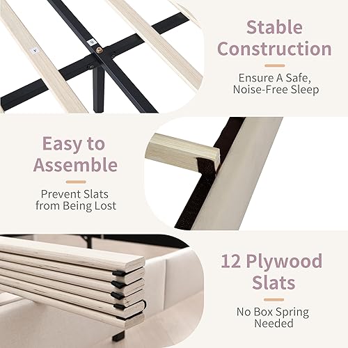 Miniatura 6 de Base de cama tapizada de tamaño matrimonial con respaldo moderno y cabecera de panel vertical, tela de lino, patas y listones de madera, no necesita