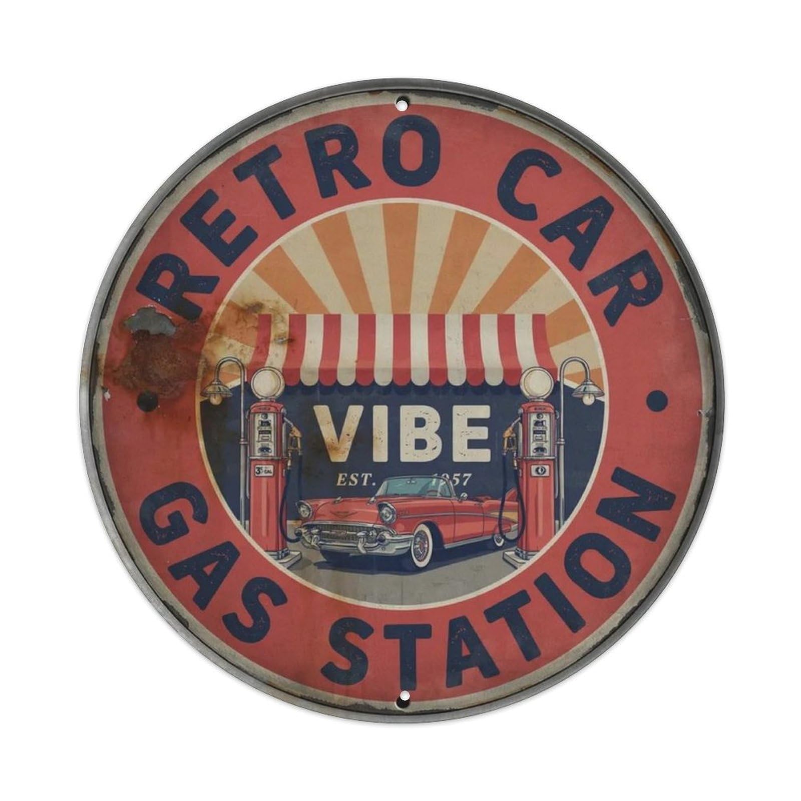 Retro Car Gas Station Vibe. Metal Tin Sign Plaque
