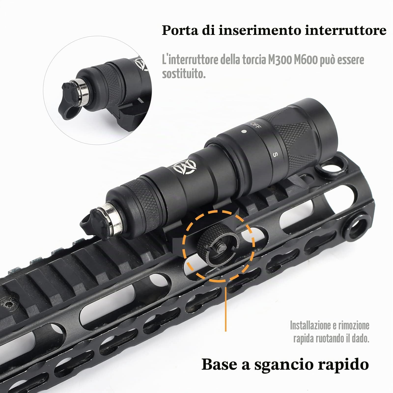 M300W torcia tattica Flash con interruttore a pressione, lampada di ricognizione flash tattico a 500 lumen per il sistema ferroviario Picatinini da 20 mm