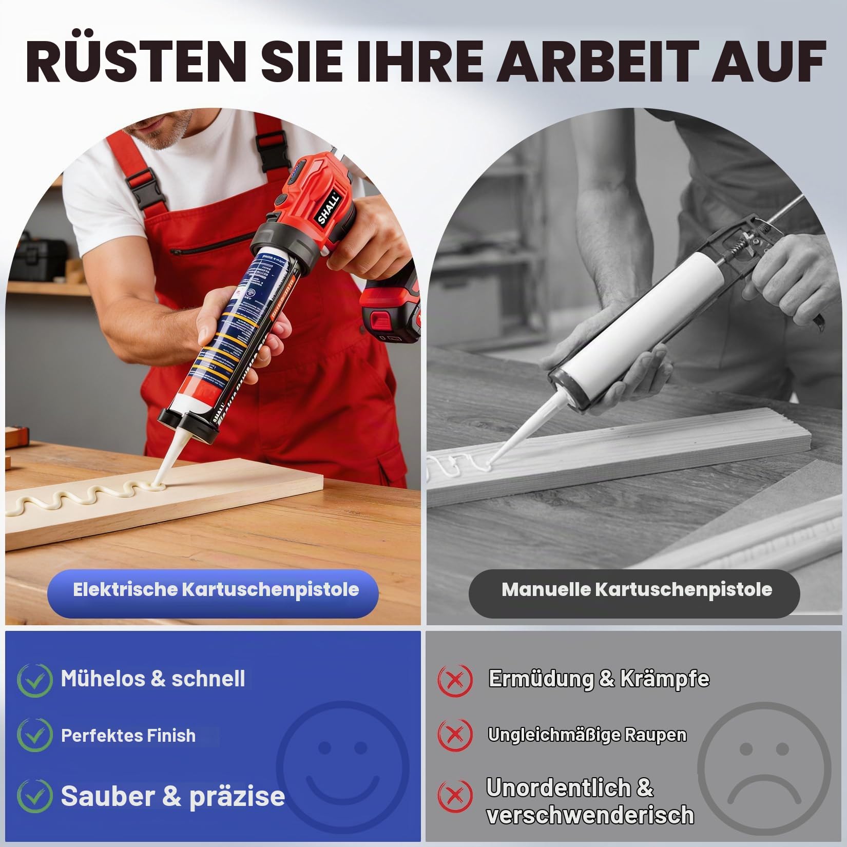 SHALL Elektrische Kartuschenpistole, 21 V, LED-Licht, 4 einstellbare Geschwindigkeiten, Anti-Tropf-Design, passend für 300-ml-Kartuschen zum Abdichten und Befüllen