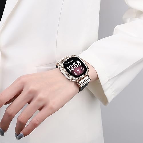 Miniatura 4 de Correa de reloj de cuero compatible con Fitbit Sense 2Fitbit Versa 4 correas para mujer, correa de cuero elegante con hebilla de metal de diamantes