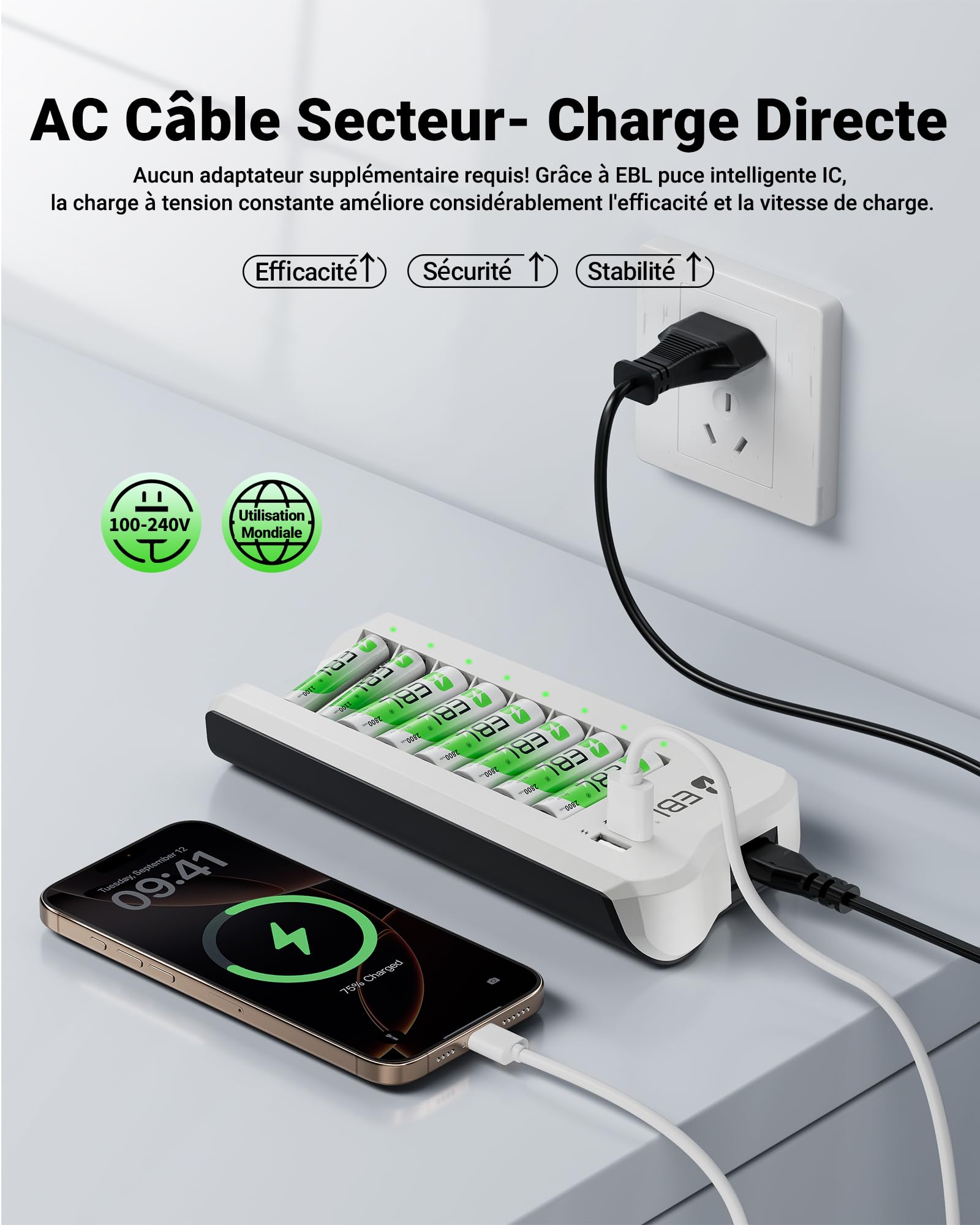 EBL Chargeur de Piles Rechargeables + 8PCS Piles AA Rechargeables Puissantes, avec 2 USB Ports pour Accus AA/AAA/Ni-MH et Smartphone, Tablette