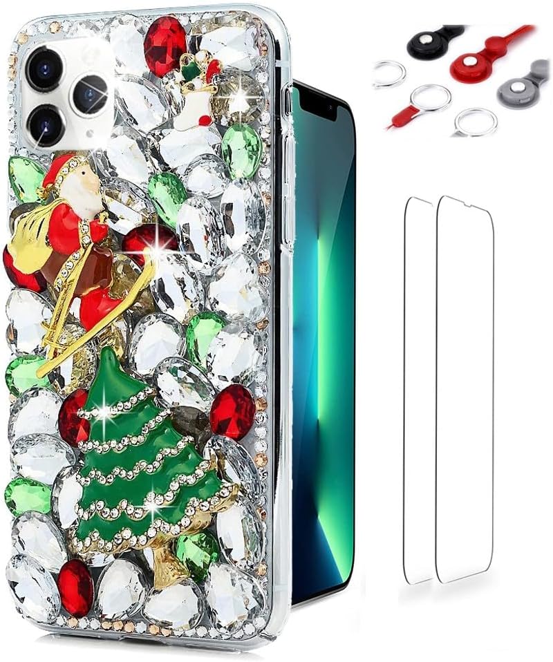 Glitter Phone Case Compatible with iPhone SE 2020 - Girls Women 3D Luxury Shiny Bling Handcrafted Cover with Screen Protector, Phone Lanyard - Green Christmas Tree Santa Claus