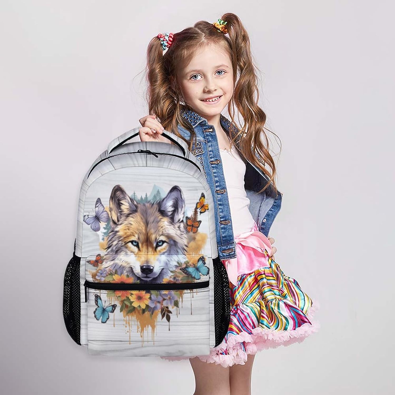 Kids Backpack for Boys Girls, 17 Inches Wolf School Backpacks Gift for Wolf Lovers, White Cute Bookbag with Adjustable Straps for Elementary, Middle School
