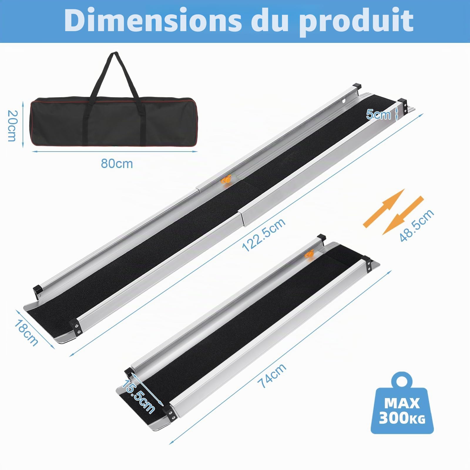 2PCS Rampes Télescopiques pour Fauteuils Roulants, Rampe d'Accès pour Fauteuils Roulants Rampe d'Accès Antidérapante Réglable avec Bords de Sécurité Max 300kg, Sac de Transport Inclus