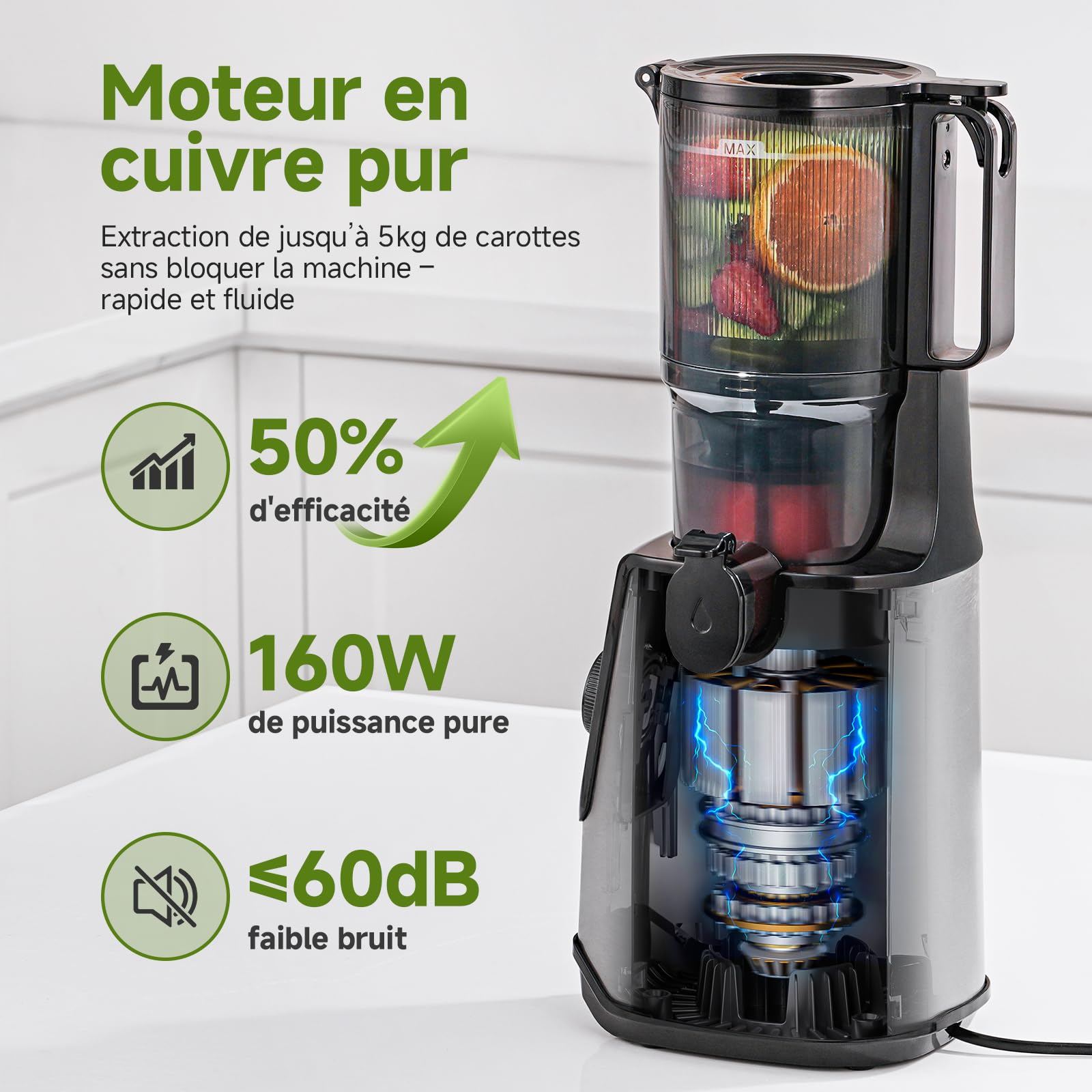 AMZCHEF Extracteur de Jus à Froid, Slow Juicer 118 mm, Fruits et Légumes Entiers, Fonction Inverse, Double Filtration, Argenté