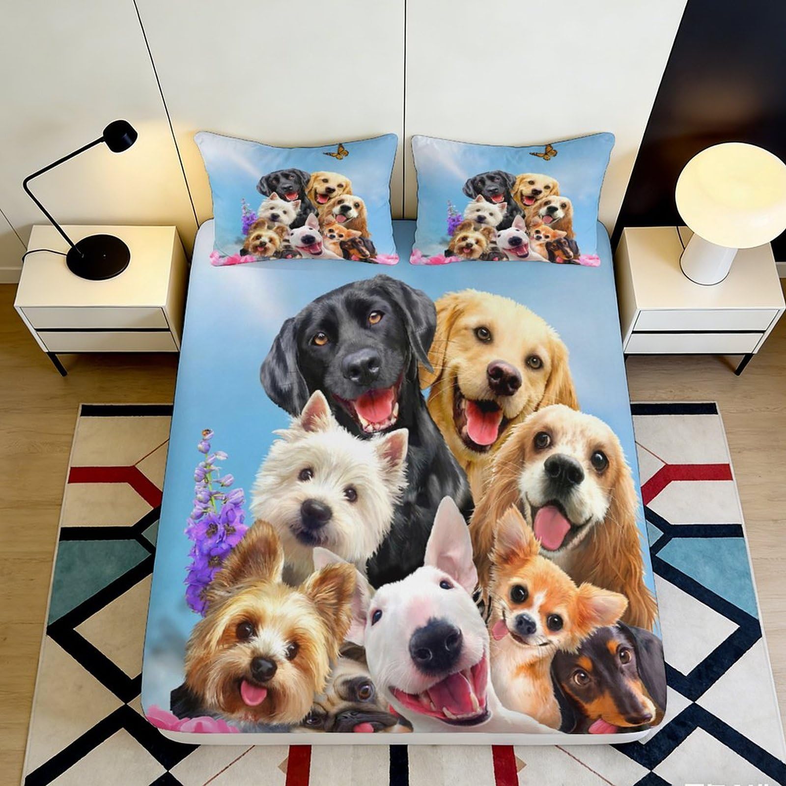 3D Printed Cute Dogs Fitted Sheet Microfiber Soft Durable 3D Printed Happy Dogs Mattress Cover for Bedroom Dormitory Guest Room Mattress Protection Decor 180x200x25cm
