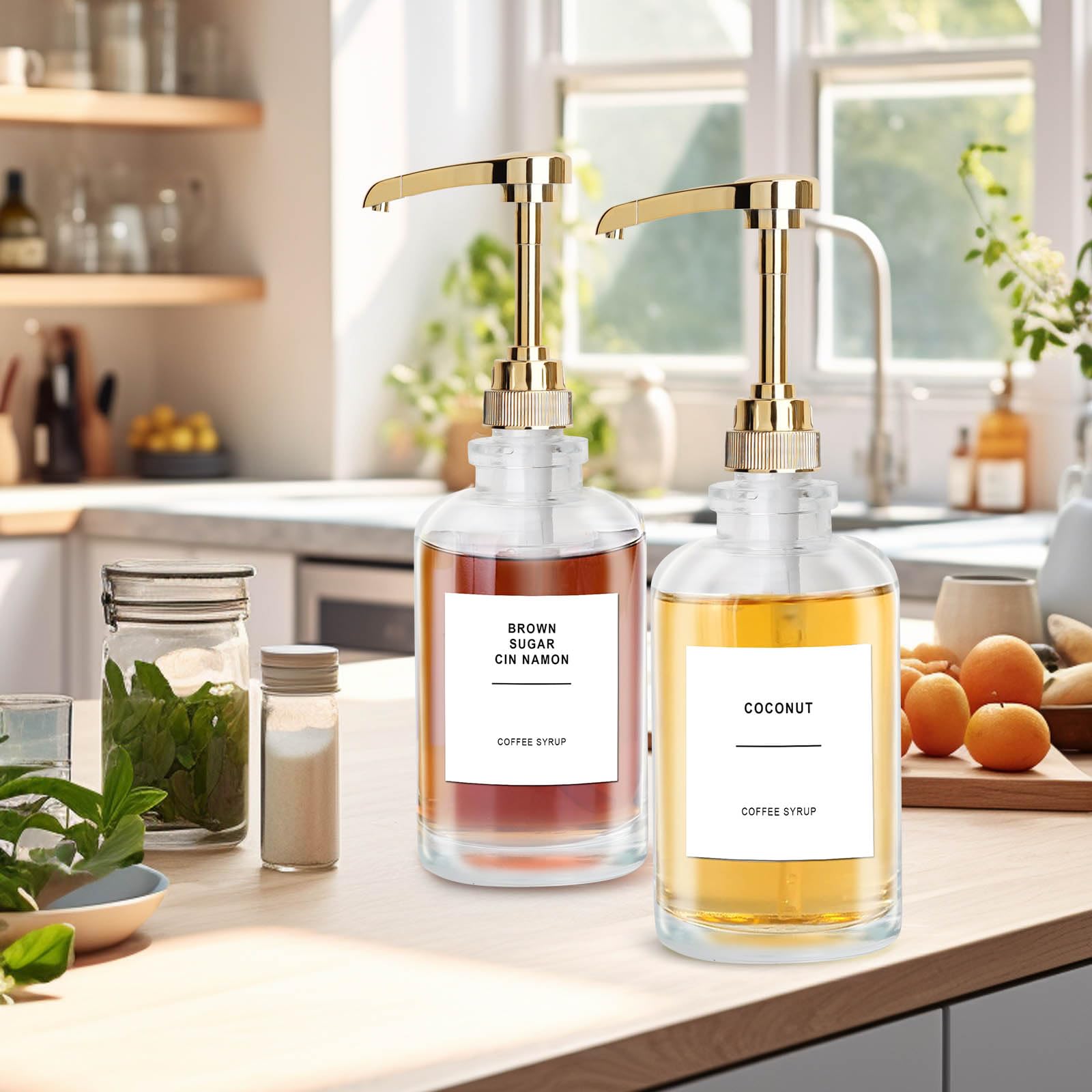 Sunal Distributeur de sirop de café, doré, 500 ml, lot de 2 bouteilles de sirop en verre, distributeur de sirop avec pompe de grande capacité de 0,6 g et 36 étiquettes étanches et entonnoir pour