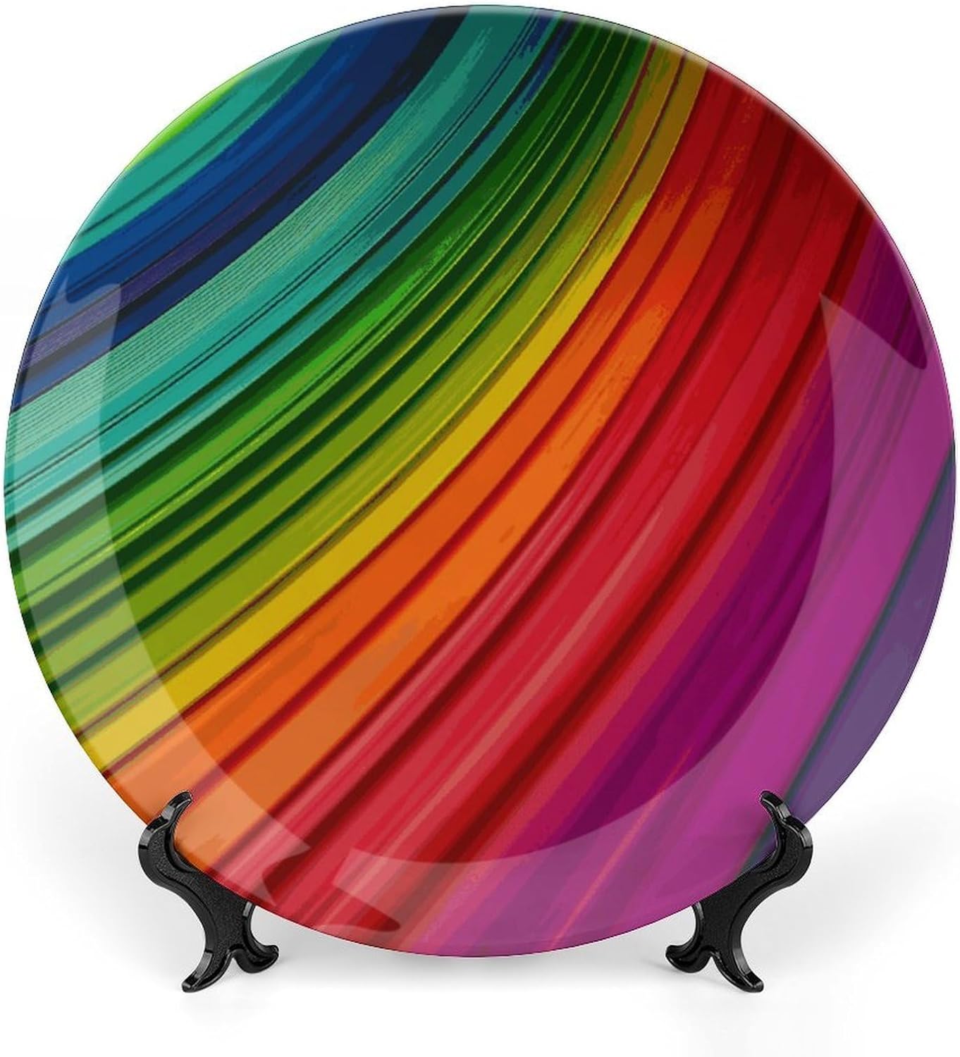Rainbow Color Stripe Bone China Decorative Plate with Display Stand, Ceramic Ornaments Plate for Wall Hanging, Personalized Porcelain Plates for Office, Living Room 8inch