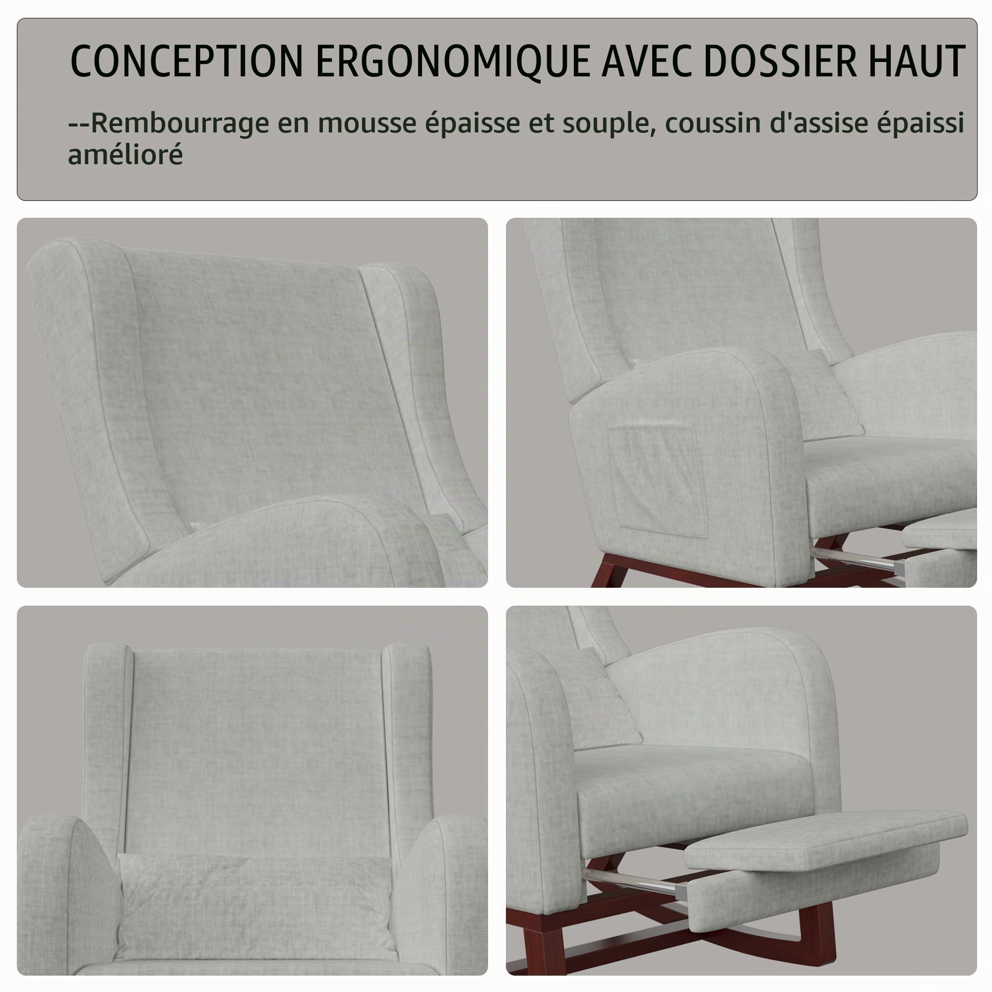 KeepGoon Fauteuil à Bascule avec Repose-Pieds, Chaise à Bascule Pieds antidérapants en Bois Massif, Rocking Chair Coton et Lin, Chaise de Relaxation