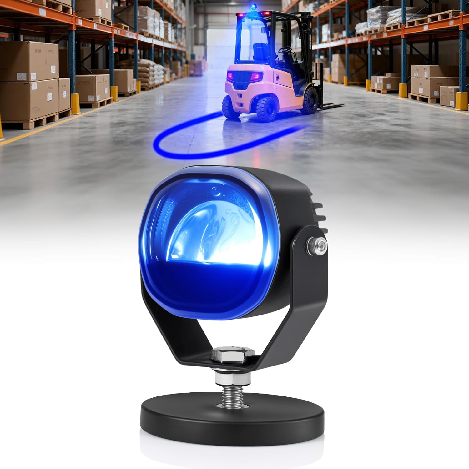 Forklift Arc Safety Light with Magnetic Mount, LED Warning Lamp Blue Line Projection, Aluminum Housing, Stainless Steel Bracket, for Industrial Truck, Lift Truck, AGV, Warehouse, Logistics