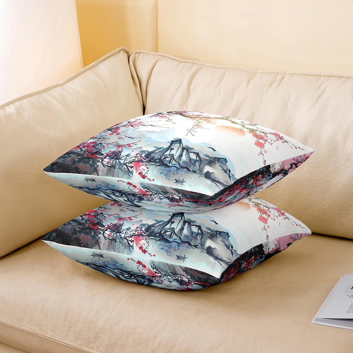 Feelyou Cherry Blossoms Throw Pillow Covers 24"x24" Set of 2 Kids Japanese Style Decorative Pillowcase for Boys Girls Fuji Mountain Decor Home Decor Cushion Cover Sakura Flower Outdoor Pillows Covers