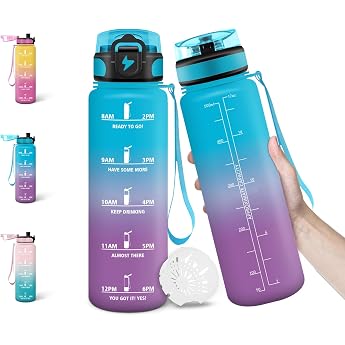 Motswedi Drinking Bottle 500 ml BPA-Free Water Bottle Leak-Proof Lock Design Leak-Proof Drinking Bottles with Time Marking Children's Drinking Bottle for School Everyday Use - Blue and Purple
