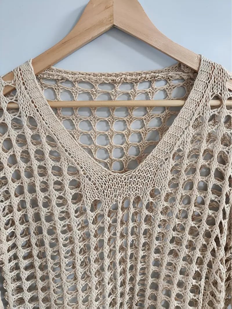 Women's Crochet Knit Pullover Sweater, Long Sleeve, Loose Fit, Lightweight