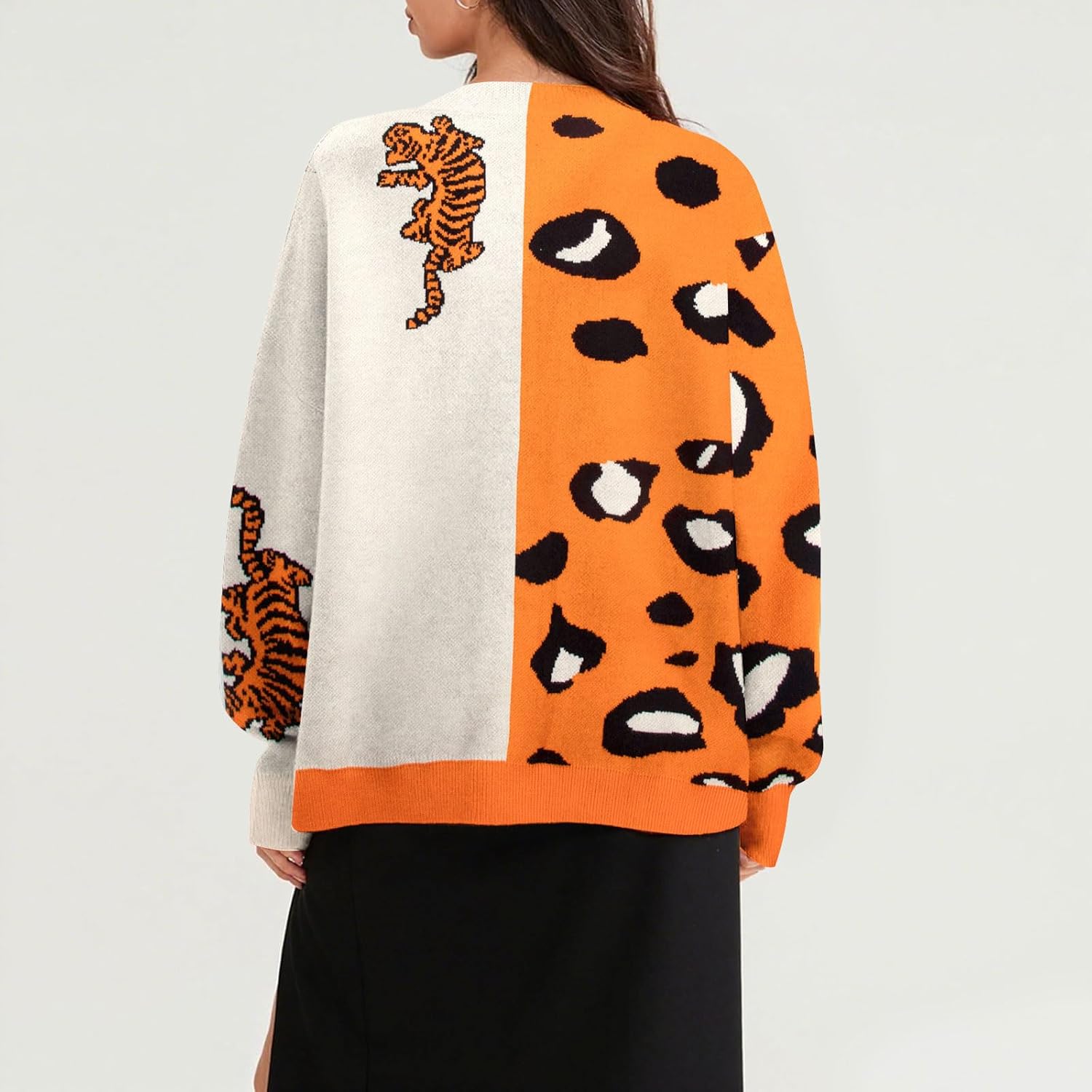 Leopard Tiger Print Cardigan Women: Color Block V Neck Sweater Long Sleeve Animal Print Outfits for Women - Image 6