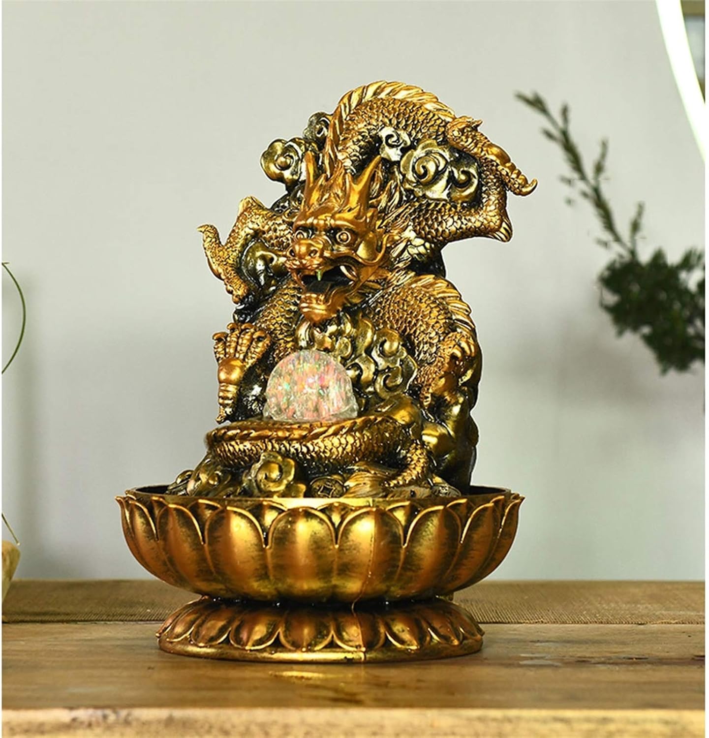 Tabletop Fountain Golden Dragon LED Tabletop Water Fountain Home Office Desktop Decoration Feng Shui Decoration Tabletop Fountain, Resin Handmade, H 13" Desktop Fountain