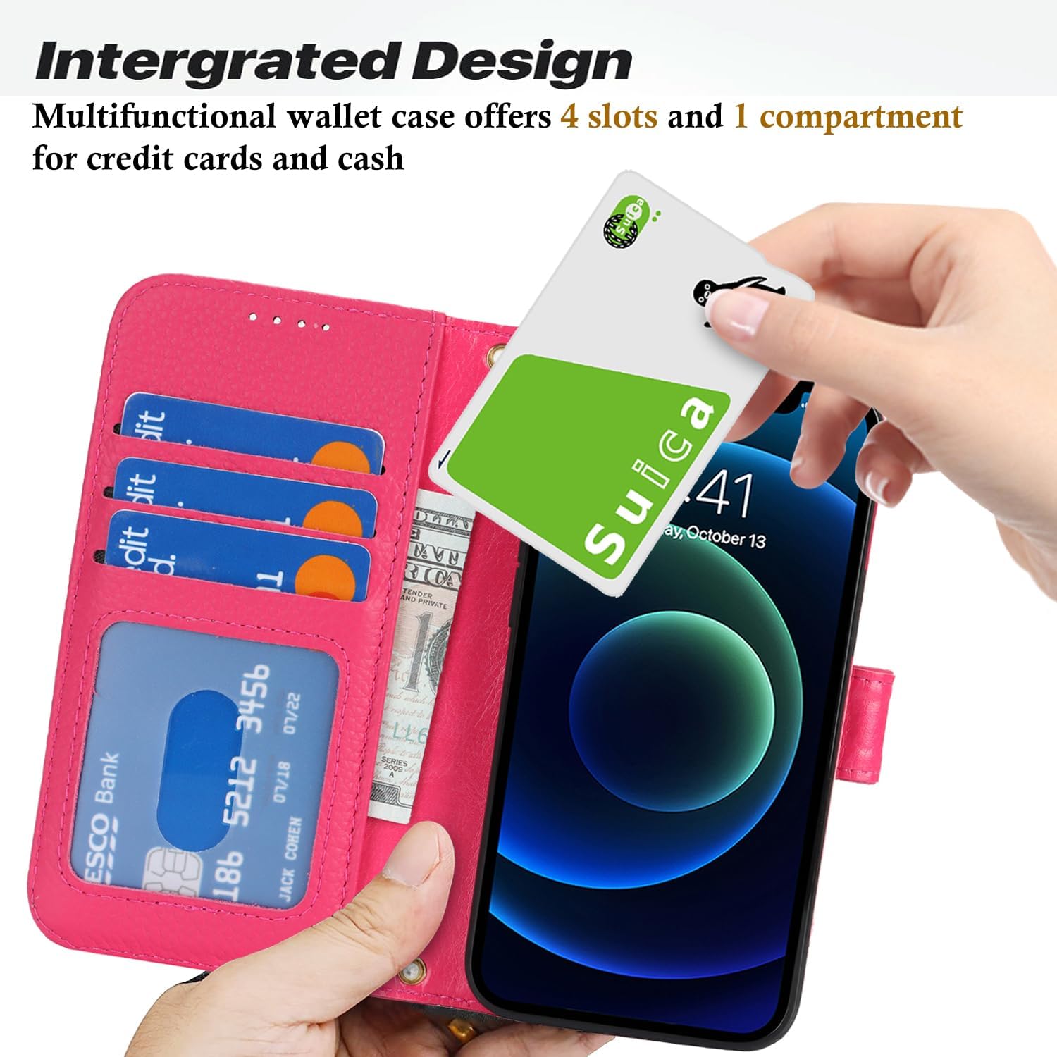 Zouzt Leather Wallet Case for iPhone 13 Mini, 4 Card Slot, Rose Red image 3