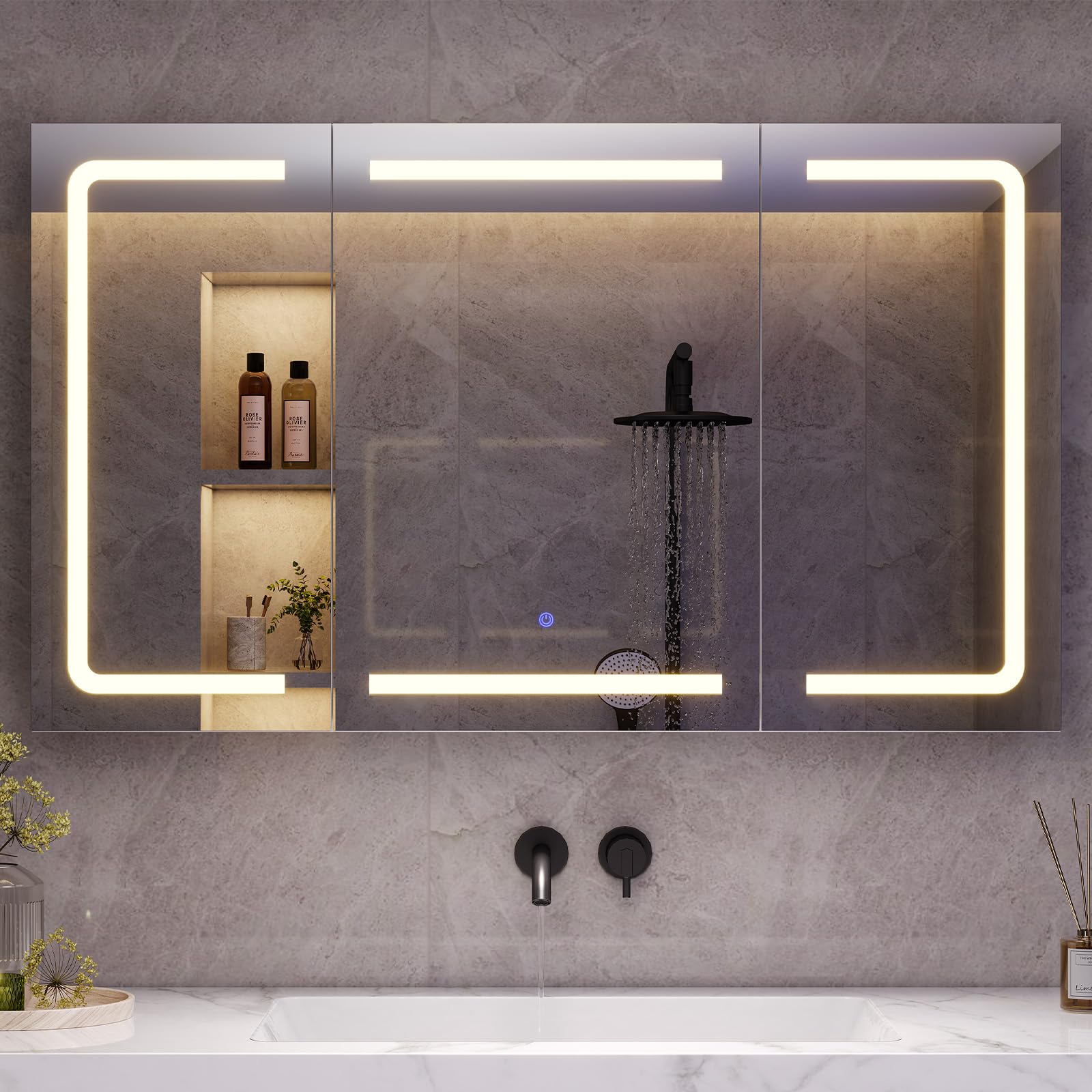 Specchio Bagno LED con 3 Ante e Presa– Design 360°, Memoria Luminosità,100x16x60 cm Mobiletto Specchio Bagno Sospeso | 3 Ripiani Regolabili, Bianco, Impermeabile Sospeso100x60 cm